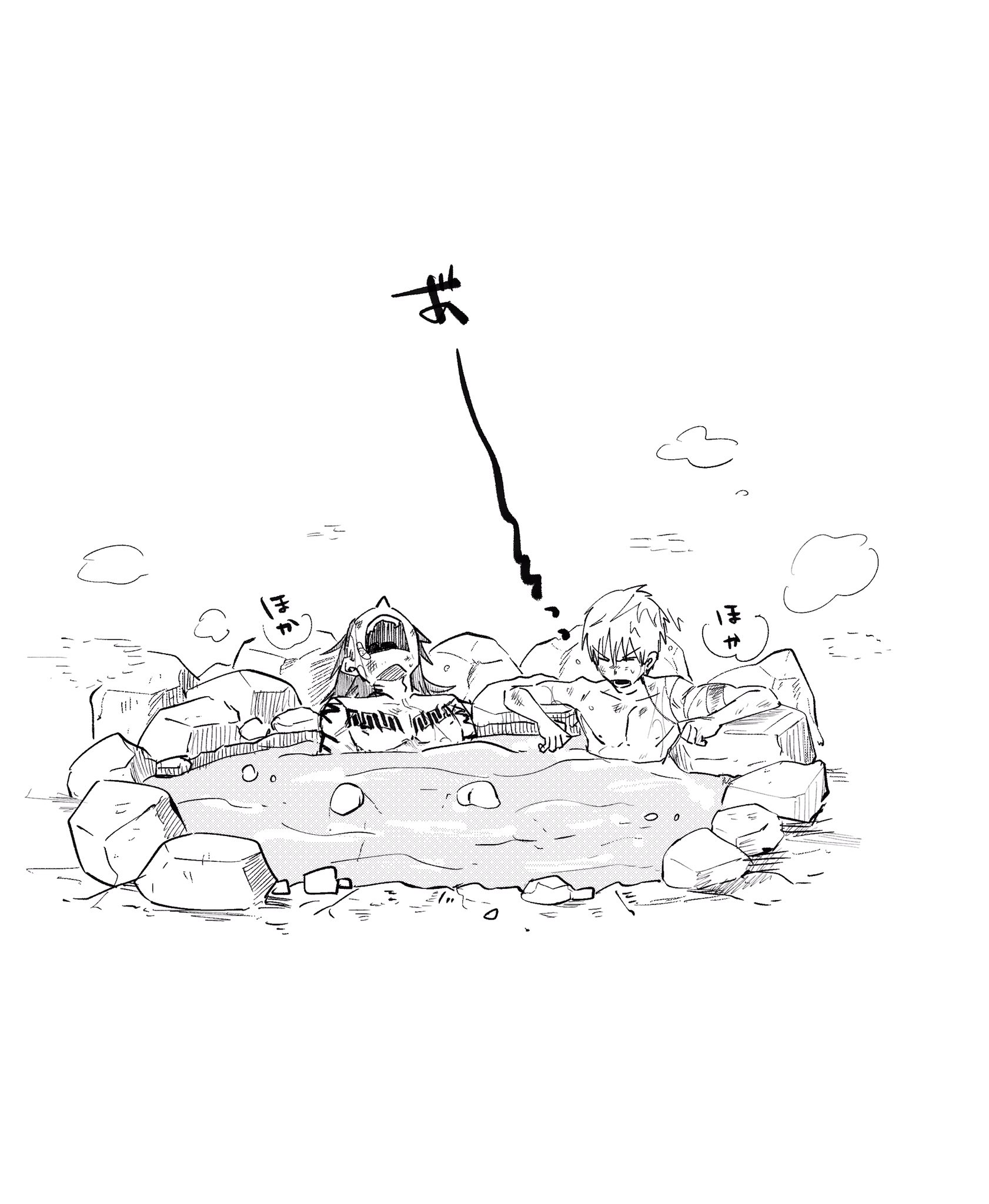 siji105, abarai renji, kurosaki ichigo, bleach, highres, 2boys, greyscale, knees up, male focus, monochrome, multiple boys, nude, onsen, open mouth, partially submerged, same-sex bathing, shared bathing, short hair, simple background, tattoo, teeth, wet, wet hair, white background