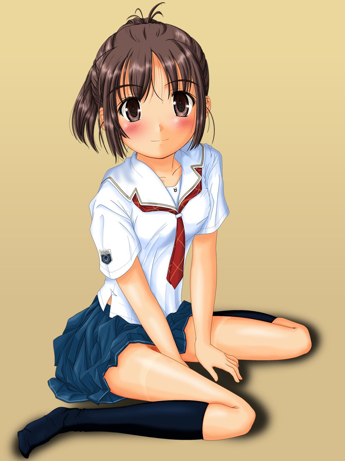 shiukichi, sakino asuka, kimi kiss, highres, 1girl, blush, brown eyes, brown hair, female focus, female pubic hair, looking at viewer, no panties, pubic hair, school uniform, short hair, shorts tan, simple background, sitting, skirt, smile, socks, solo, tan, tanline, wariza