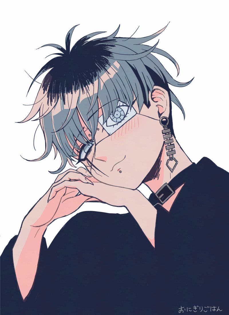 gohan (8823cobalt), omokage yugamu, the hundred line -last defense academy-, commentary request, 1boy, :3, arms up, belt buckle, belt collar, black collar, black hair, black shirt, blue eyes, blue hair, blush, bridge piercing, buckle, closed mouth, collar, earrings, eyeliner, eyepatch, face piercing, fingernails, jewelry, labret piercing, long sleeves, looking to the side, makeup, male focus, medical eyepatch, multicolored hair, one eye covered, own hands clasped, own hands together, piercing, roots (hair), sharp fingernails, shirt, short hair, short sideburns, sideways glance, simple background, smile, solo, white background