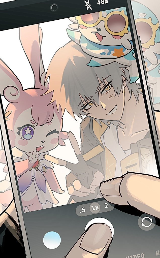 salmonntan, caelus (honkai: star rail), mem (honkai: star rail), phainon (honkai: star rail), trailblazer (honkai: star rail), honkai: star rail, honkai (series), 1girl, 1other, 2boys, animal, animal ears, animal nose, animal on head, black coat, black gloves, blue fur, blush, bubbles (honkai: star rail), cellphone, chimera (honkai: star rail), coat, dress, feathers, fingerless gloves, fingernails, flying, gloves, grey hair, hair between eyes, hands up, hat, heart ornament, holding, holding phone, hood, hooded coat, innertube, lapels, long sleeves, looking at viewer, multiple boys, on head, one eye closed, open clothes, open coat, open mouth, phone, pink fur, purple eyes, shirt, short hair, smartphone, smile, star-shaped pupils, star (symbol), star print, sun hat, sunglasses, swim ring, symbol-shaped pupils, t-shirt, tail, taking picture, teeth, two-sided coat, two-sided fabric, two-tone fur, v, white dress, white feathers, white shirt, yellow-framed eyewear, yellow coat, yellow eyes