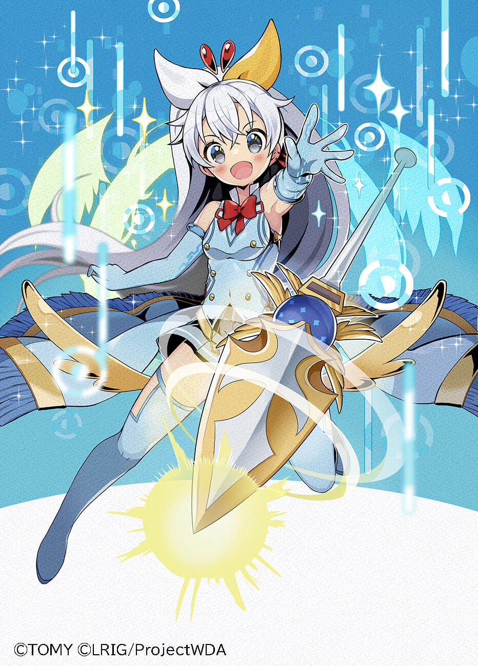kei s01, tama (wixoss), wixoss, highres, official art, 1girl, blush, boots, bow, copyright notice, dress, earrings, elbow gloves, gloves, grey eyes, hair bow, jewelry, long hair, looking at viewer, open mouth, ponytail, single earring, smile, solo, sword, thigh boots, two-tone bow, very long hair, weapon, white boots, white bow, white dress, white gloves, white hair, yellow bow