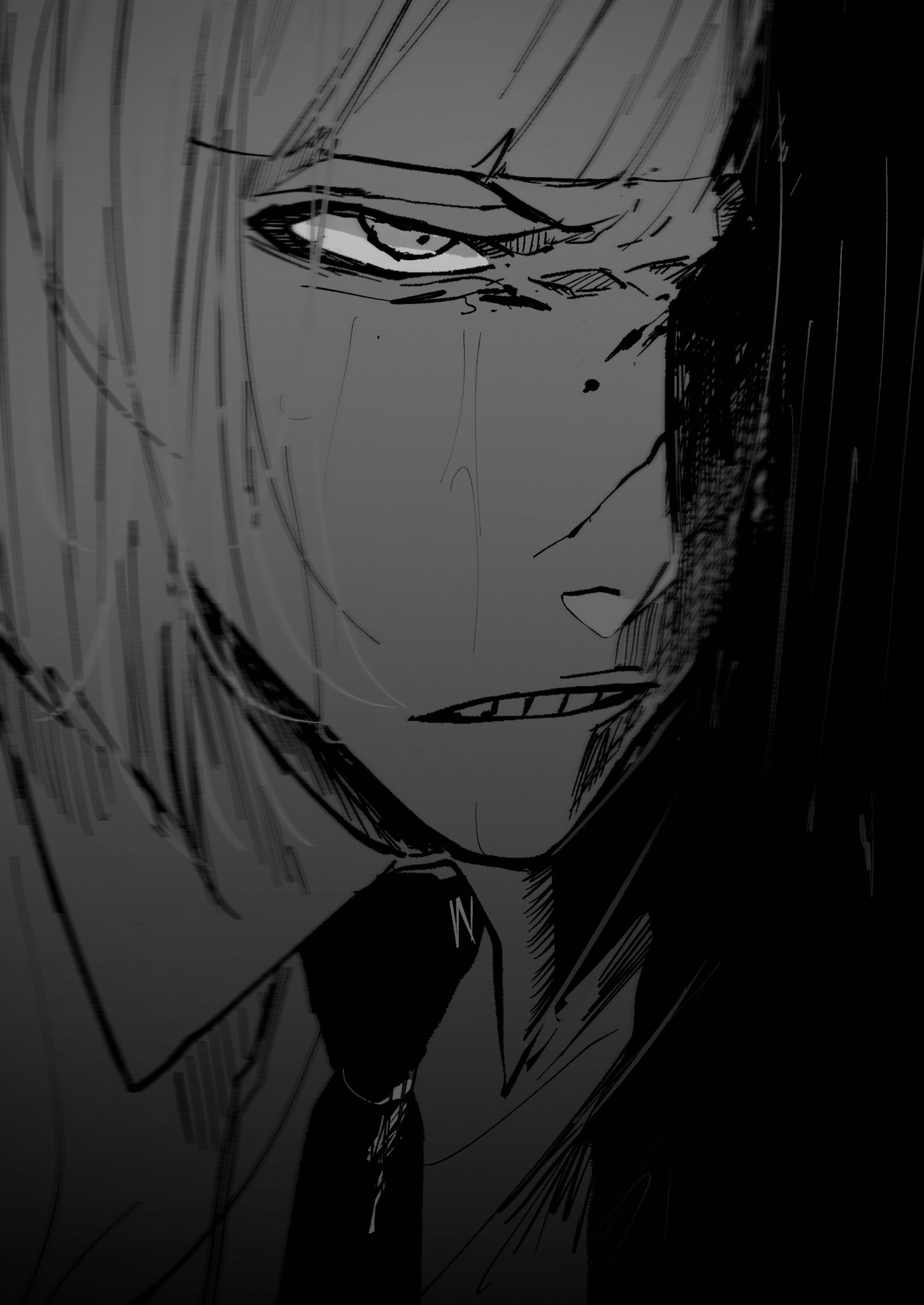 siji105, hirako shinji, bleach, commentary request, highres, 1boy, blunt bangs, blunt ends, close-up, closed mouth, collared shirt, greyscale, male focus, monochrome, necktie, parted lips, shirt, short hair, solo, teeth