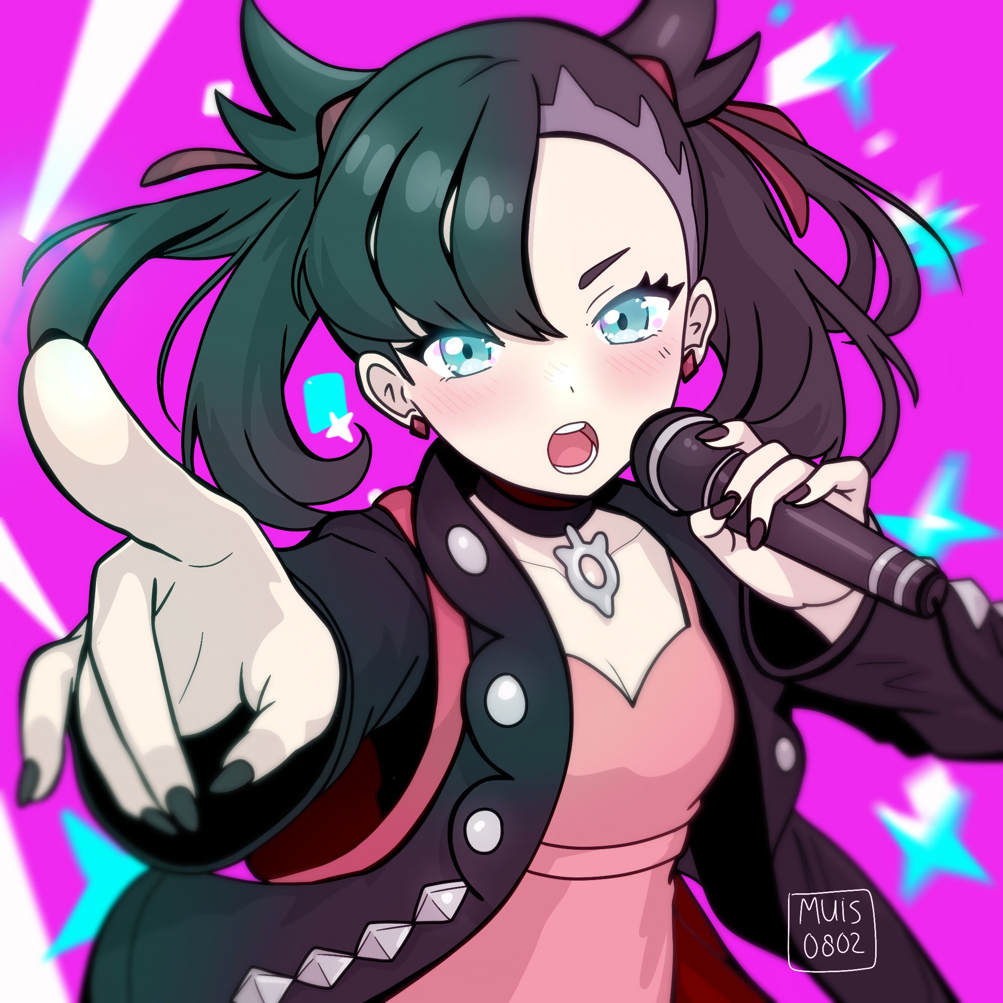 muis0802, marnie (pokemon), nintendo, pokemon, pokemon swsh, commentary, highres, 1girl, asymmetrical bangs, black collar, black hair, black jacket, black nails, breasts, cleavage, collar, collarbone, dress, earrings, eyelashes, hair ribbon, holding, holding microphone, jacket, jewelry, light blush, long sleeves, looking at viewer, microphone, nail polish, open clothes, open jacket, open mouth, pink dress, pointing, purple background, red ribbon, ribbon, signature, solo, teeth, tongue, upper body