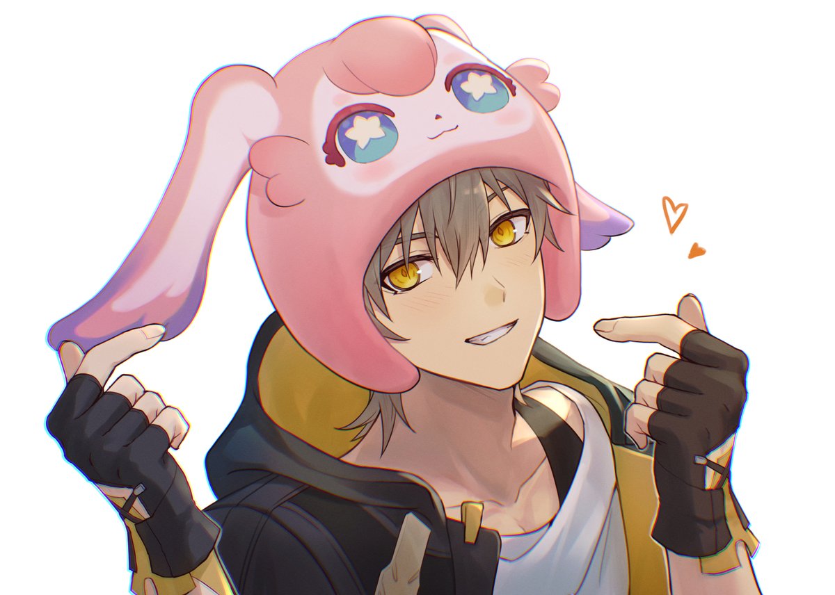 rune (rne at), caelus (honkai: star rail), mem (honkai: star rail), trailblazer (honkai: star rail), honkai: star rail, honkai (series), commentary request, 1boy, black coat, black gloves, blush, character hat, coat, collarbone, fingerless gloves, fingernails, gloves, grey hair, hair between eyes, hands up, hat, heart, hood, hooded coat, lapels, looking at viewer, male focus, open clothes, open coat, shirt, short hair, simple background, smile, solo, t-shirt, teeth, two-sided coat, two-sided fabric, upper body, white background, white shirt, yellow coat, yellow eyes