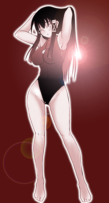 mabuchoco m, tatsumiya mana, mahou sensei negima!, 00s, 1girl, armpits, arms behind head, barefoot, female focus, jewelry, lens flare, long hair, monochrome, necklace, one-piece swimsuit, red background, red theme, skin tight, solo, swimsuit, turtleneck