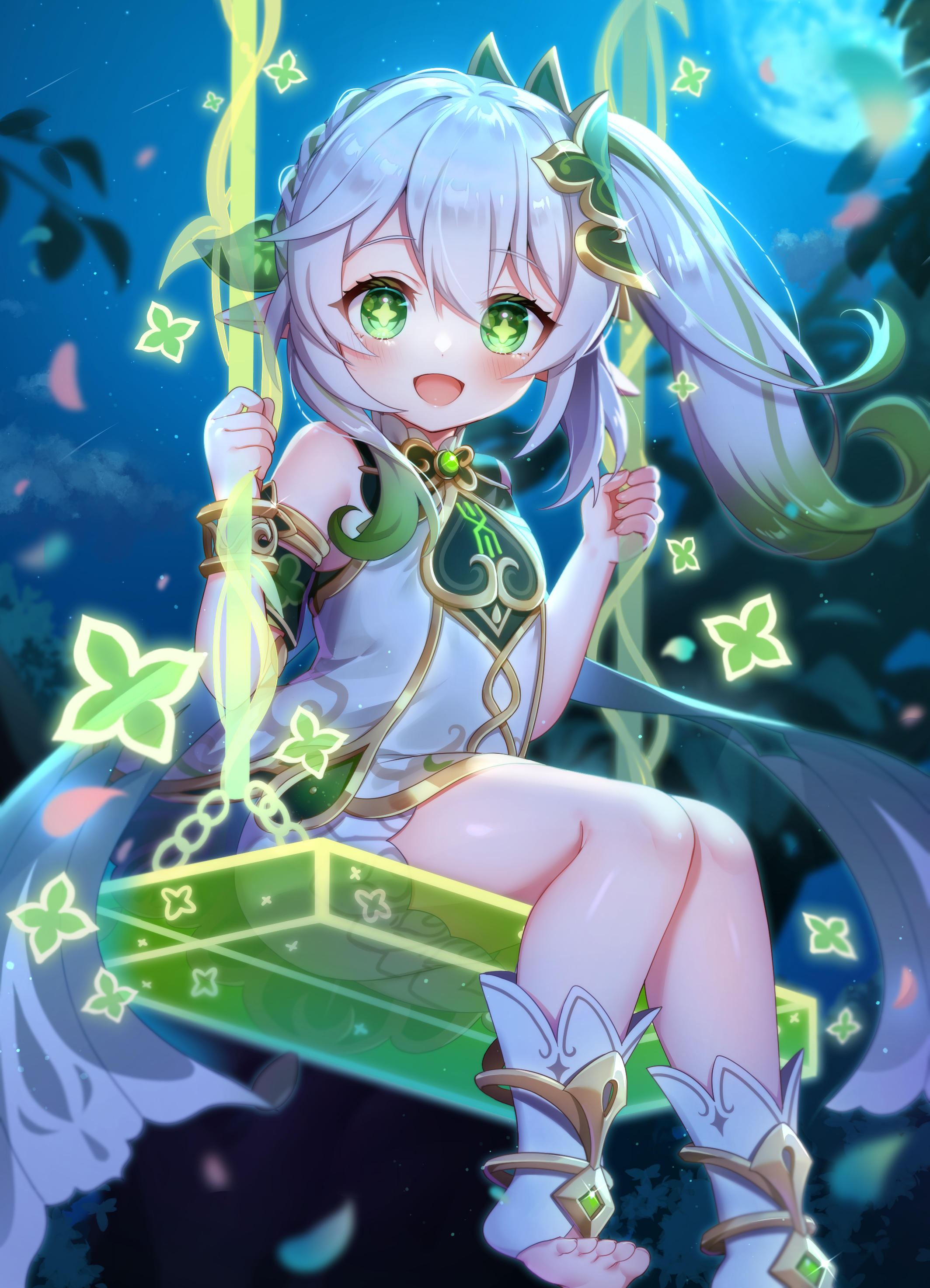 umishima rinta, nahida (genshin impact), genshin impact, absurdres, highres, 1girl, :d, bare shoulders, blurry, blurry background, blush, braid, colored tips, cross-shaped pupils, dress, feet, foot out of frame, green eyes, green hair, hair ornament, holding, leaf hair ornament, long hair, looking at viewer, multicolored hair, night, on swing, open mouth, pointy ears, short dress, side ponytail, sidelocks, sitting, sleeveless, sleeveless dress, smile, socks, solo, stirrup legwear, swing, symbol-shaped pupils, thighs, toeless legwear, toes, two-tone hair, white hair, white socks