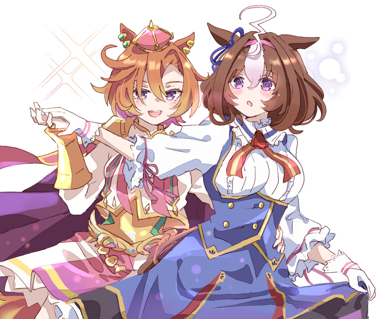 mokuroo, meisho doto (turbulent blue) (umamusume), meisho doto (umamusume), t.m. opera o (o sole suo!) (umamusume), t.m. opera o (umamusume), umamusume, commentary request, 2girls, @ @, ahoge, animal ear piercing, animal ears, blue ribbon, blue skirt, blue vest, bow, bracelet, breasts, brooch, brown hair, cape, center frills, collared shirt, corset, cowboy shot, crown, crying, crying with eyes open, ear ribbon, frilled shirt collar, frilled skirt, frilled sleeves, frills, gloves, gold buttons, hair between eyes, hairband, hand on another's hip, happy, happy tears, holding hands, horse ears, horse girl, horse tail, jewelry, lace, lace-trimmed gloves, lace trim, large breasts, light blush, long sleeves, looking ahead, looking at another, medium hair, medium skirt, mini crown, miniskirt, multicolored hair, multiple girls, multiple piercings, neck ribbon, open mouth, orange hair, pink crown, pink hairband, pink ribbon, pink skirt, puffy long sleeves, puffy sleeves, purple cape, purple eyes, red ribbon, ribbon, shirt, short hair, simple background, single stripe, skirt, skirt hold, skirt set, sleeve ribbon, smile, sparkle, standing, streaked hair, striped ribbon, surprised, tail, teardrop, tears, teeth, three-quarter sleeves, two-tone skirt, upper teeth only, vest, white background, white gloves, white shirt, white skirt, yellow corset, yuri