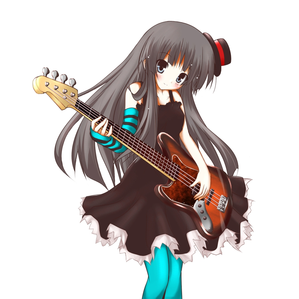 gorujitai, akiyama mio, don't say "lazy", k-on!, 00s, 1girl, aqua pantyhose, bass guitar, black eyes, black hair, blue pantyhose, dress, female focus, fingerless gloves, gloves, guitar, hat, instrument, long hair, pantyhose, simple background, single glove, solo