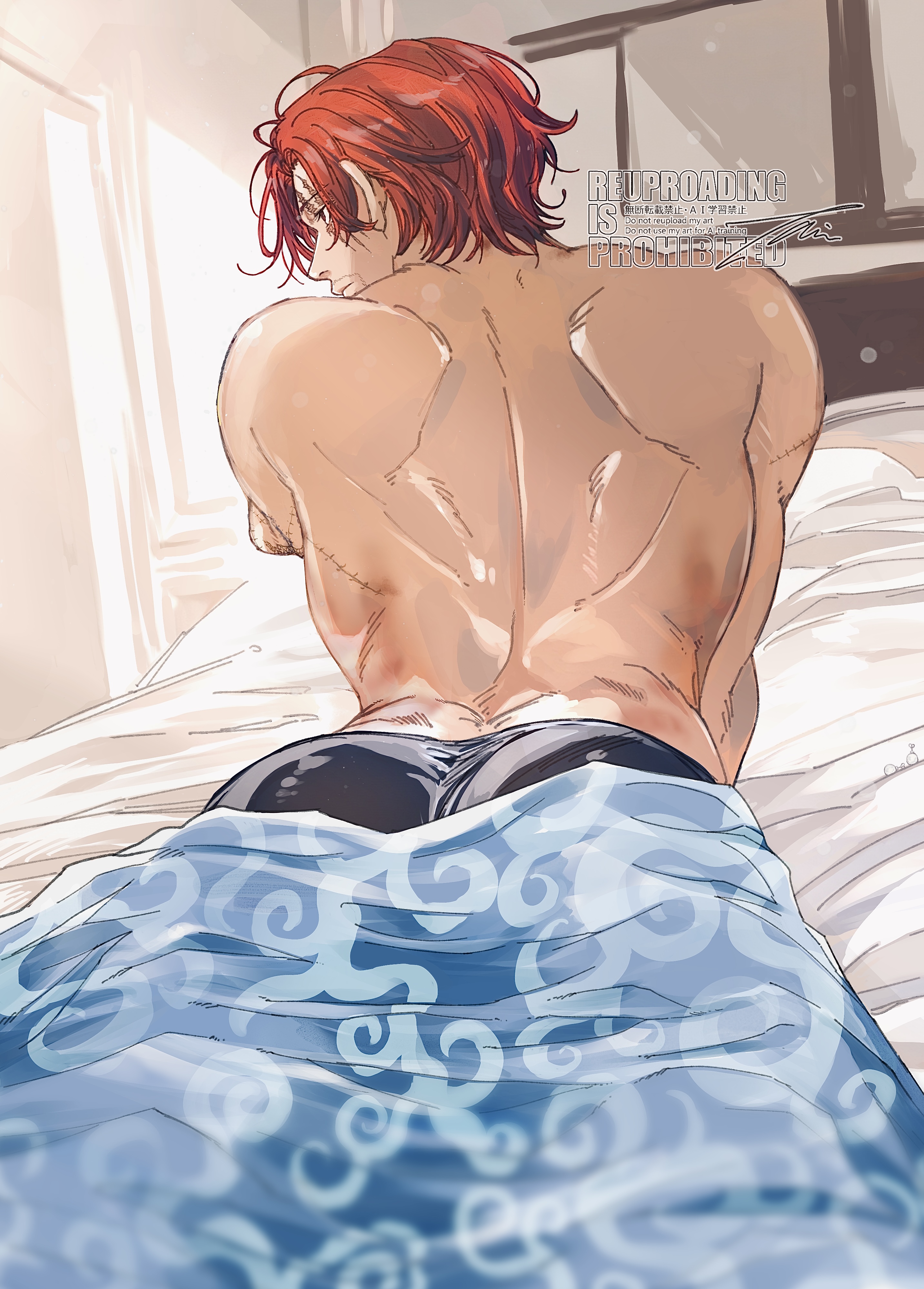 shanks (one piece), one piece, absurdres, commentary request, highres, unfinished, 1boy, amputee, armless amputee, black male underwear, facial hair, goatee stubble, hair behind ear, indoors, light particles, looking to the side, lying, male focus, male underwear, on stomach, red eyes, red hair, scar, scar across eye, scar on back, scar on face, scar on shoulder, short hair, solo, stubble, topless male, umaio29, under covers, underwear, watermark