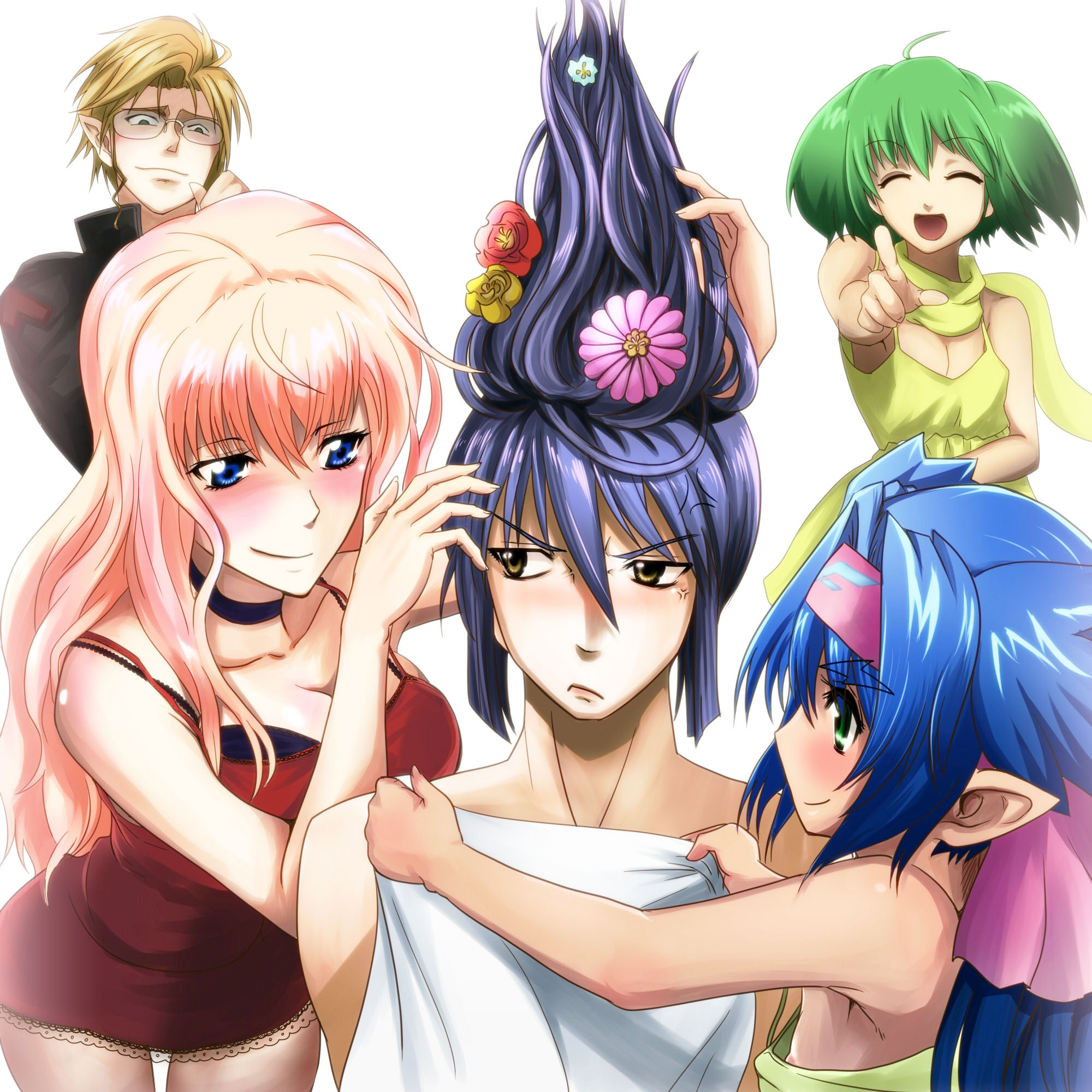 koyama (gantz0409jp), klan klein, mikhail buran, ranka lee, saotome alto, sheryl nome, macross, macross frontier, highres, 00s, 2boys, 3girls, alternate hairstyle, angry, blush, laughing, multiple boys, multiple girls, pointing, pointy ears, shouten pegasus mix mori, smile