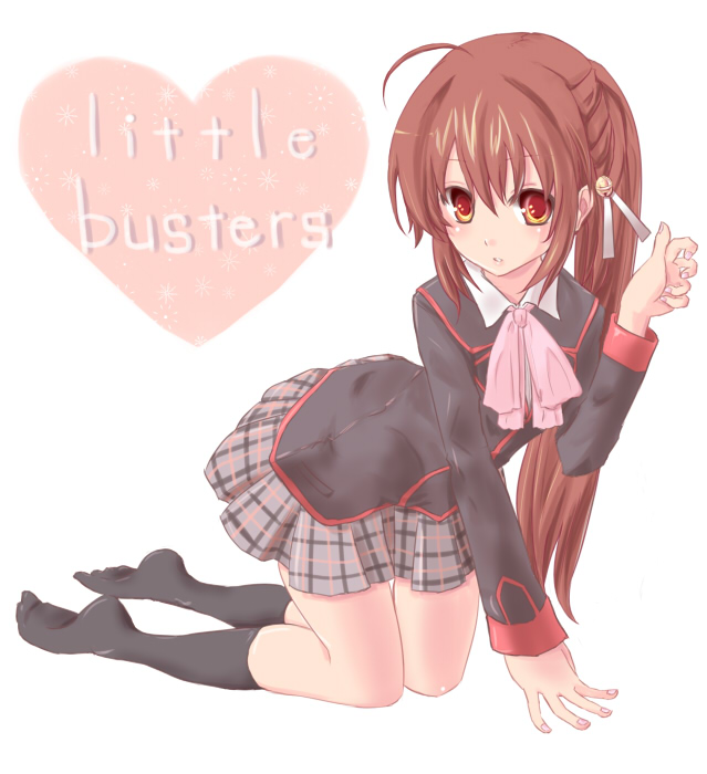 season12, natsume rin, little busters!, bad id, bad pixiv id, 1girl, all fours, bow, brown eyes, brown hair, female focus, long hair, pink bow, ponytail, school uniform, socks, solo