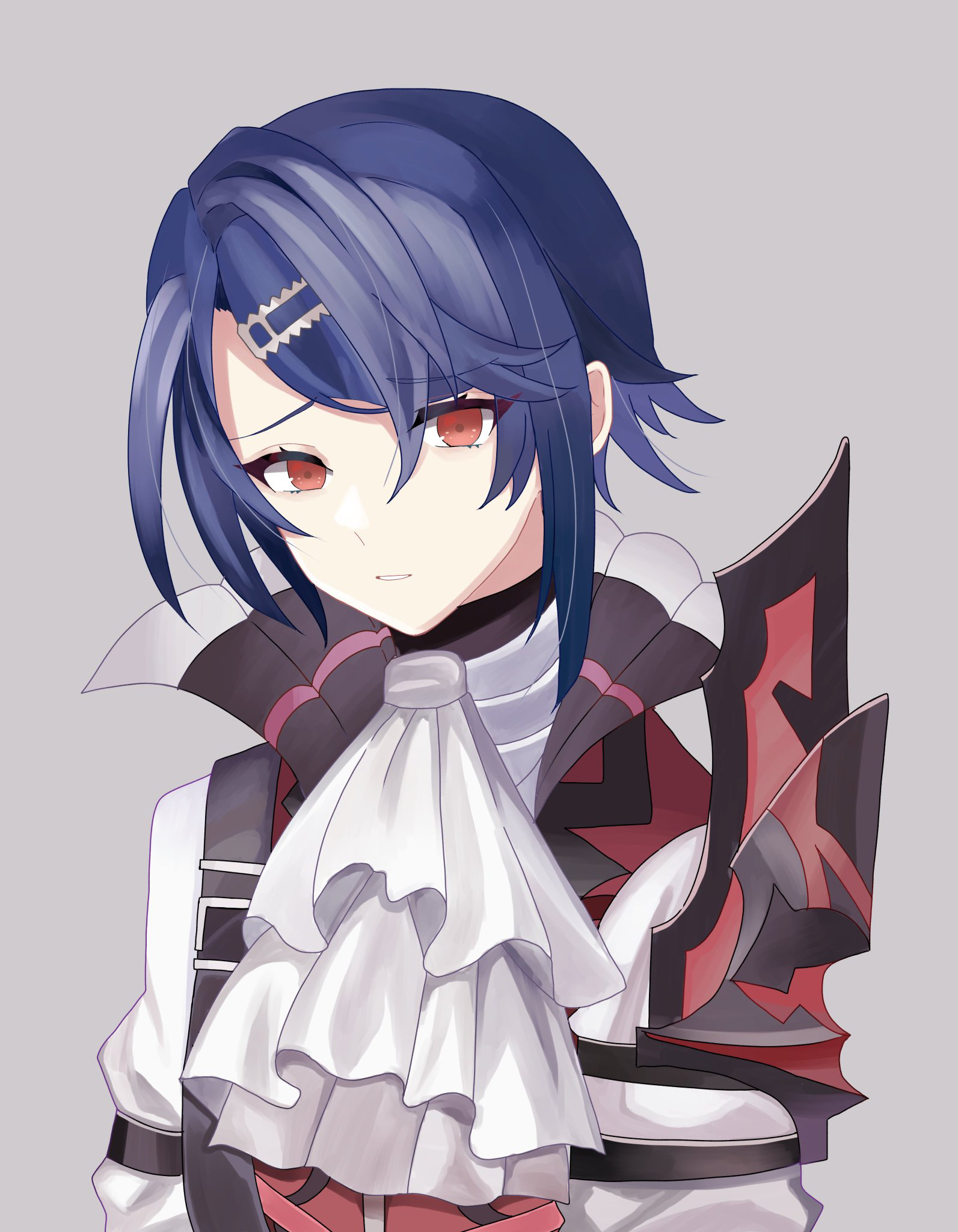 n 54, alcryst (fire emblem), fire emblem, fire emblem engage, nintendo, highres, 1boy, ascot, blue hair, closed mouth, hair between eyes, hair ornament, hairclip, high collar, long sleeves, looking at viewer, male focus, prince, red eyes, solo, white ascot