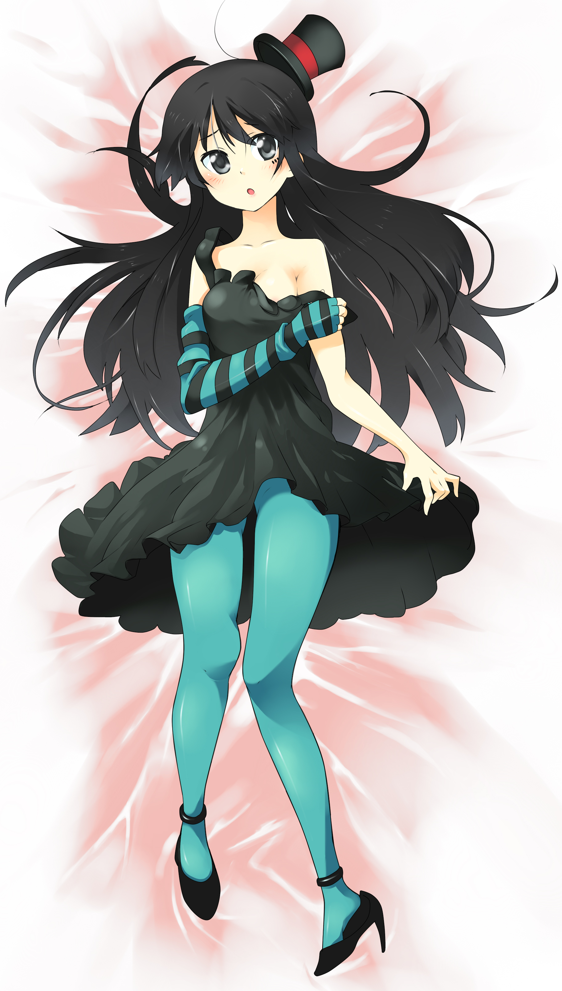 mitsuki meia, akiyama mio, don't say "lazy", k-on!, absurdres, highres, 00s, 1girl, aqua pantyhose, bare shoulders, black eyes, black hair, blue pantyhose, dress, female focus, fingerless gloves, gloves, hat, long hair, lying, mini hat, mini top hat, pantyhose, shoe dangle, single glove, solo, strap slip, top hat