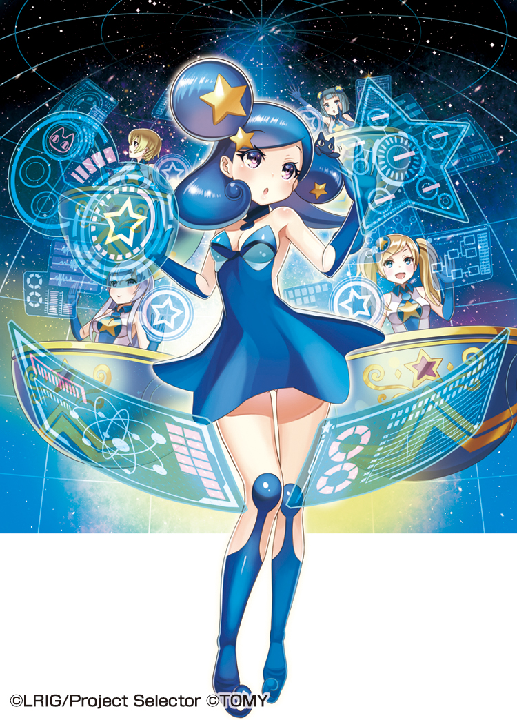 madopen, milulun (wixoss), wixoss, official art, 1girl, blue boots, blue dress, blue eyes, blue gloves, blue hair, boots, breasts, cleavage, double bun, dress, elbow gloves, gloves, gluteal fold, hair bun, hair ornament, holographic interface, looking at viewer, medium breasts, open mouth, solo, star (symbol), star hair ornament, thigh boots