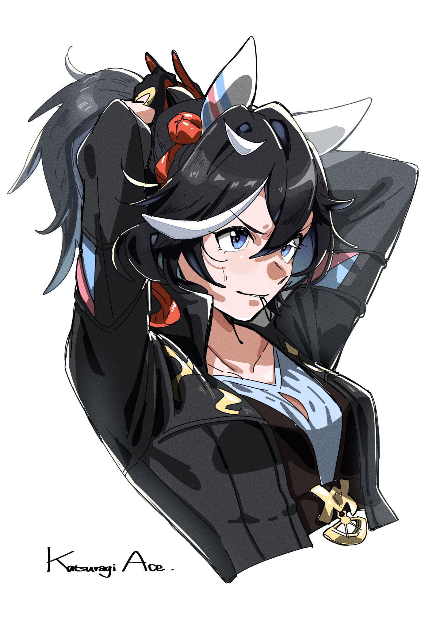 ohayonabeno, katsuragi ace (dragon rising to the top) (umamusume), katsuragi ace (umamusume), umamusume, commentary request, highres, 1girl, adjusting hair, animal ears, anime coloring, black hair, black jacket, blue eyes, blue shirt, breasts, character name, cleavage cutout, clothing cutout, collarbone, collared jacket, cropped torso, determined, ear covers, eyelashes, hair between eyes, hair intakes, hair ornament, high collar, horse ears, horse girl, jacket, long hair, long sleeves, looking ahead, messy hair, multicolored hair, open clothes, open jacket, ponytail, shirt, simple background, small breasts, solo, streaked hair, v-shaped eyebrows, white background