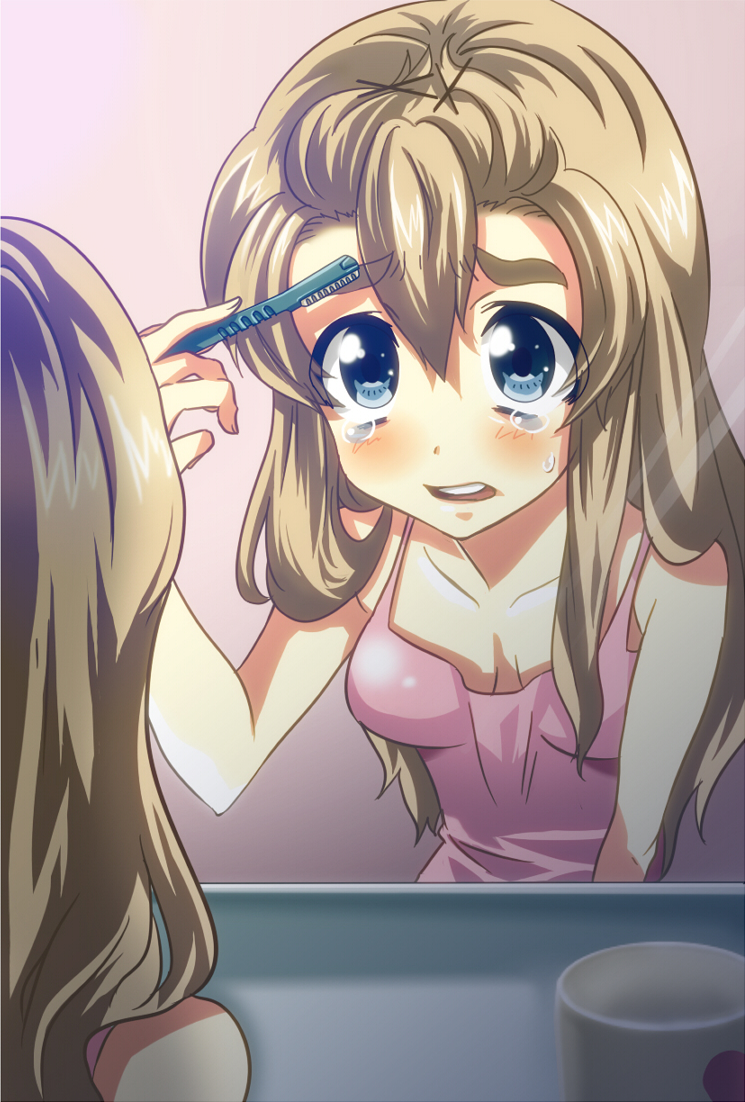 furekuru (freckle), kotobuki tsumugi, k-on!, eyebrows, bad id, bad pixiv id, 00s, 1girl, blonde hair, blue eyes, female focus, long hair, makeup, mirror, reflection, shaving, shaving eyebrow, shaving face, solo, tears