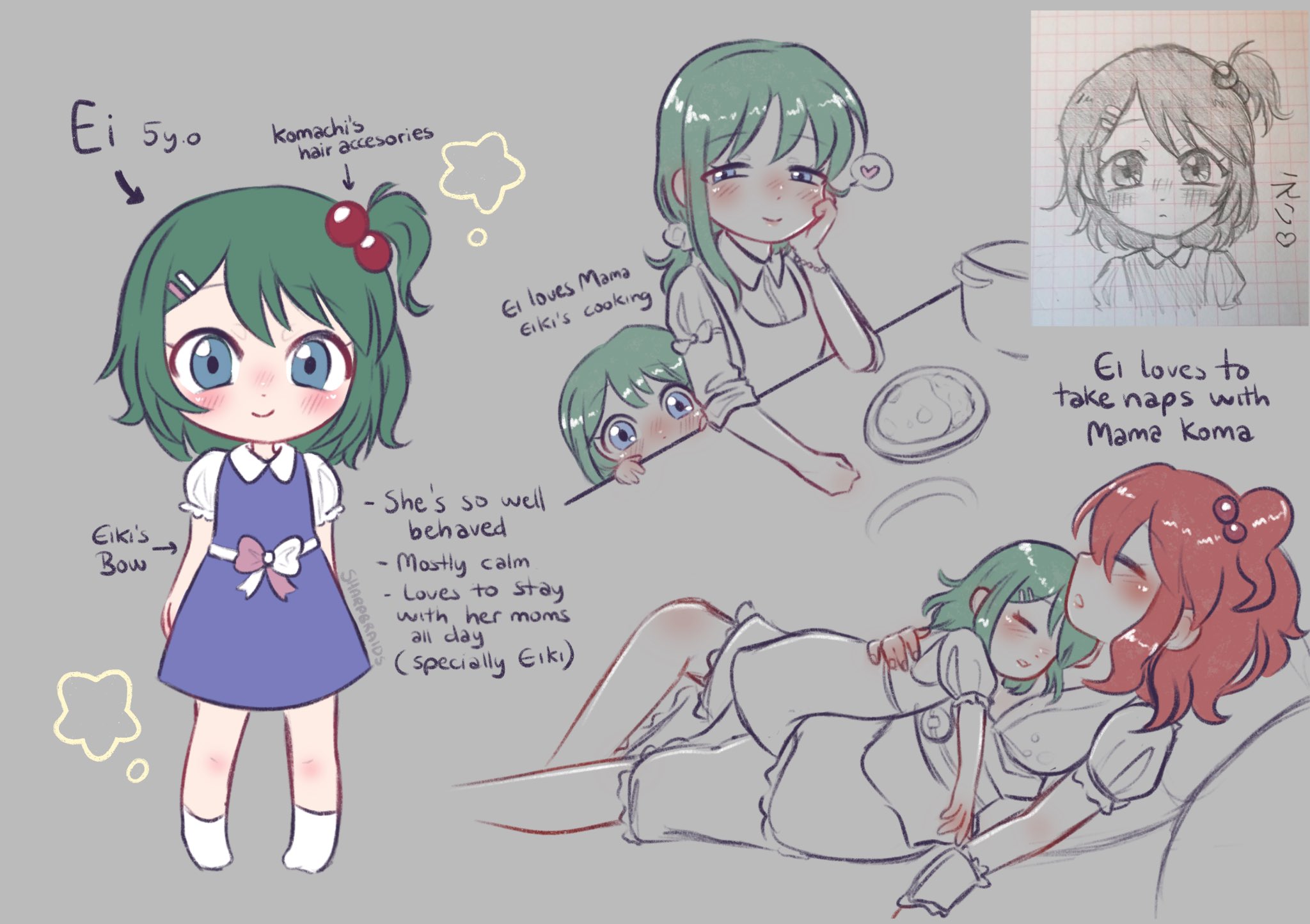 onozuka komachi, shiki eiki, touhou, commentary, english commentary, highres, 3girls, blue eyes, ei (sharpbraids), english text, green hair, grey background, hair bobbles, hair ornament, heart, multiple girls, one side up, red hair, sharpbraids, shorts, simple background, sleeping, star (symbol), twitter username