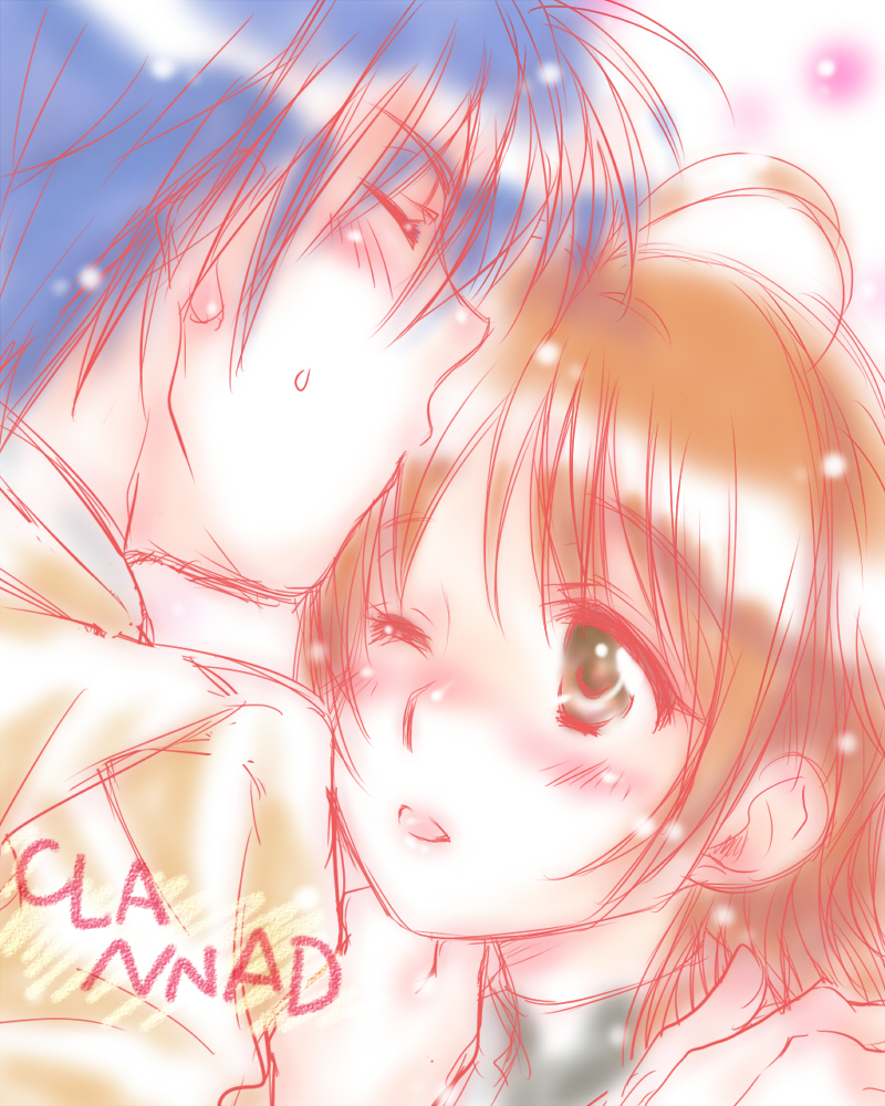 nakari sai, furukawa nagisa, okazaki tomoya, clannad, 00s, antenna hair, blue hair, brown eyes, brown hair, closed eyes, kiss, school uniform, short hair, wink