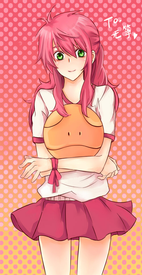 imam kupiky, kupikykupiky, feldt grace, haro, gundam, gundam 00, 00s, green eyes, pink hair, skirt, solo