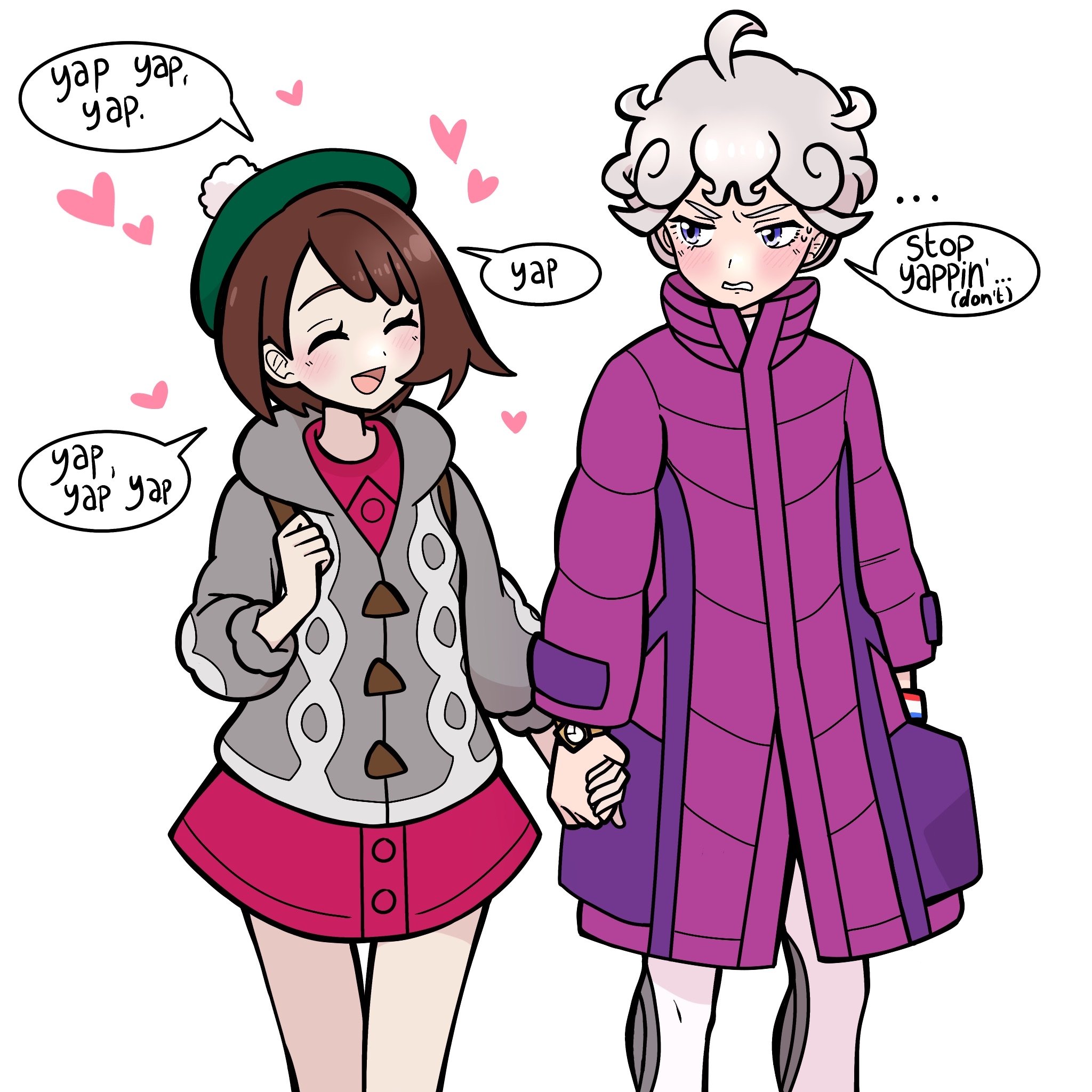 muis0802, bede (pokemon), gloria (pokemon), nintendo, pokemon, pokemon swsh, commentary, highres, 1boy, 1girl, :d, ahoge, brown hair, buttons, cardigan, closed eyes, coat, collared dress, curly hair, dress, dynamax band, english text, green hat, grey cardigan, hat, heart, hetero, high collar, holding hands, hood, hood down, hooded cardigan, looking at another, open mouth, purple coat, simple background, smile, speech bubble, tam o' shanter, tongue, watch, white background, wristwatch