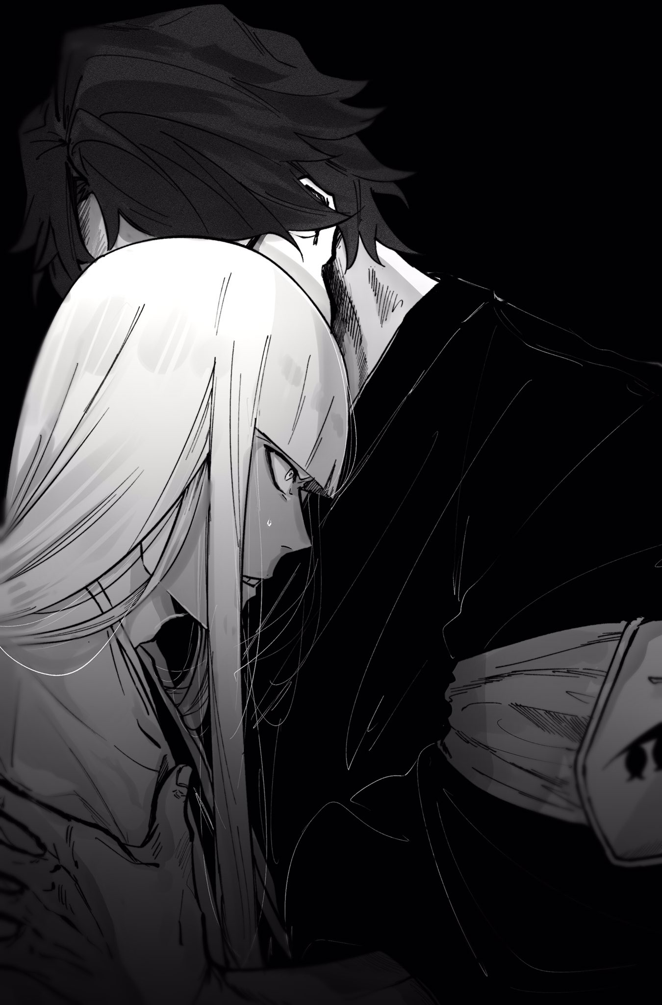 siji105, aizen sousuke, hirako shinji, bleach, commentary request, highres, 2boys, black background, blunt bangs, from side, greyscale, haori, japanese clothes, long hair, male focus, monochrome, multiple boys, short hair, simple background, taichou haori