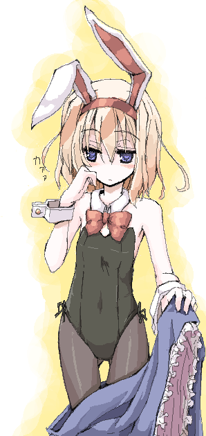 mochiki, alice margatroid, touhou, 1girl, animal ears, blonde hair, blue eyes, female focus, oekaki, pantyhose, playboy bunny, rabbit ears, short hair, solo, standing, thigh gap, thighs, undressing