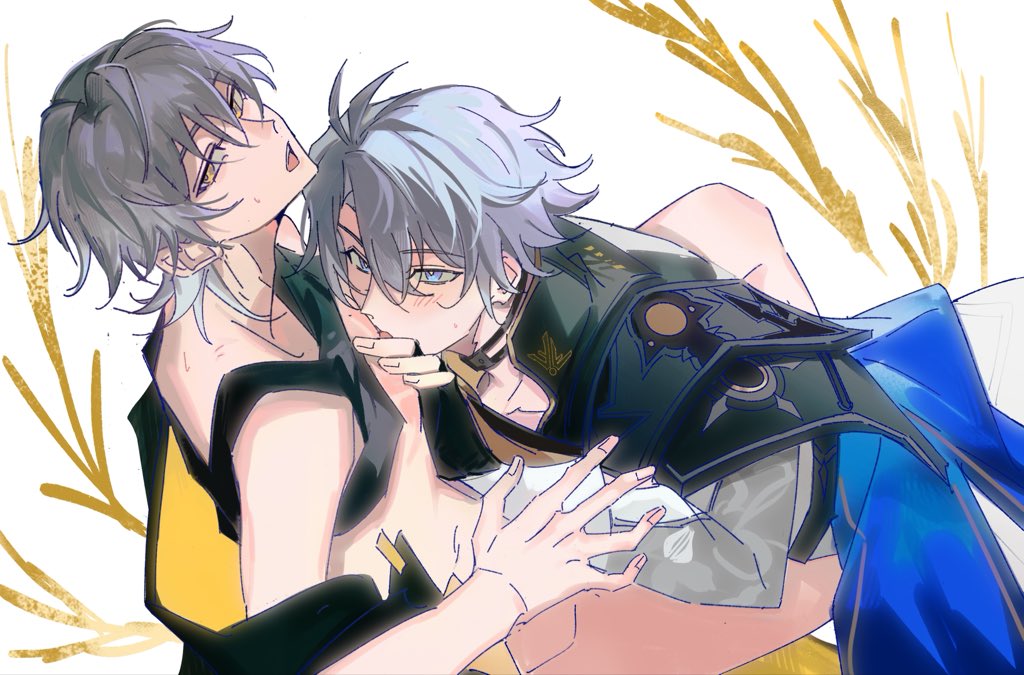 caelus (honkai: star rail), phainon (honkai: star rail), trailblazer (honkai: star rail), honkai: star rail, honkai (series), 2boys, antenna hair, bare shoulders, black choker, black coat, black gloves, black tank top, blue cape, blue eyes, blush, cape, choker, coat, collarbone, fingerless gloves, fingernails, gloves, grey hair, hair between eyes, half-closed eyes, jacket, licking, licking nipple, long sleeves, looking at another, looking at viewer, male focus, multiple boys, nipple stimulation, open clothes, open coat, open mouth, shannontay67979, short hair, simple background, sitting, sweatdrop, tank top, tongue, tongue out, two-sided coat, two-sided fabric, weeds, white background, white jacket, yaoi, yellow coat, yellow eyes