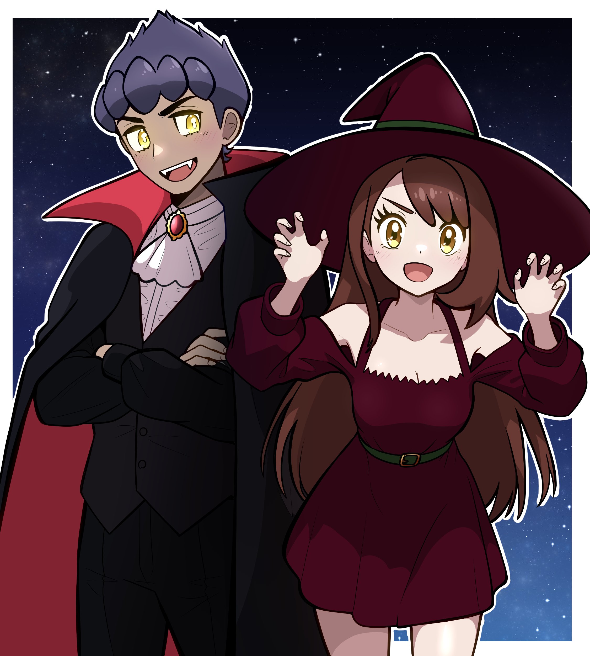 muis0802, gloria (pokemon), hop (pokemon), nintendo, pokemon, pokemon swsh, absurdres, commentary, highres, 1boy, 1girl, :d, alternate costume, ascot, black cape, black jacket, black pants, breasts, brown hair, cape, claw pose, cleavage, crossed arms, dress, eyelashes, halloween, halloween costume, hands up, hat, jacket, long hair, long sleeves, looking at another, looking at viewer, off-shoulder dress, off shoulder, open mouth, pants, shirt, short hair, smile, teeth, upper teeth only, white ascot, white shirt, witch hat, yellow eyes