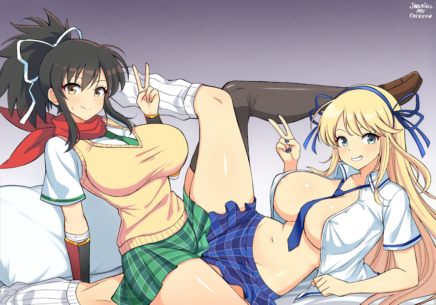 jarckius, asuka (senran kagura), katsuragi (senran kagura), senran kagura, 2girls, aqua eyes, black hair, blonde hair, blue skirt, breasts, brown eyes, green skirt, hair ribbon, kneehighs, large breasts, long hair, looking at viewer, miniskirt, multiple girls, necktie, no bra, open clothes, open shirt, ponytail, ribbon, scarf, sexually suggestive, skirt, smile, socks, sweater vest, thighhighs, v, white ribbon, yuri