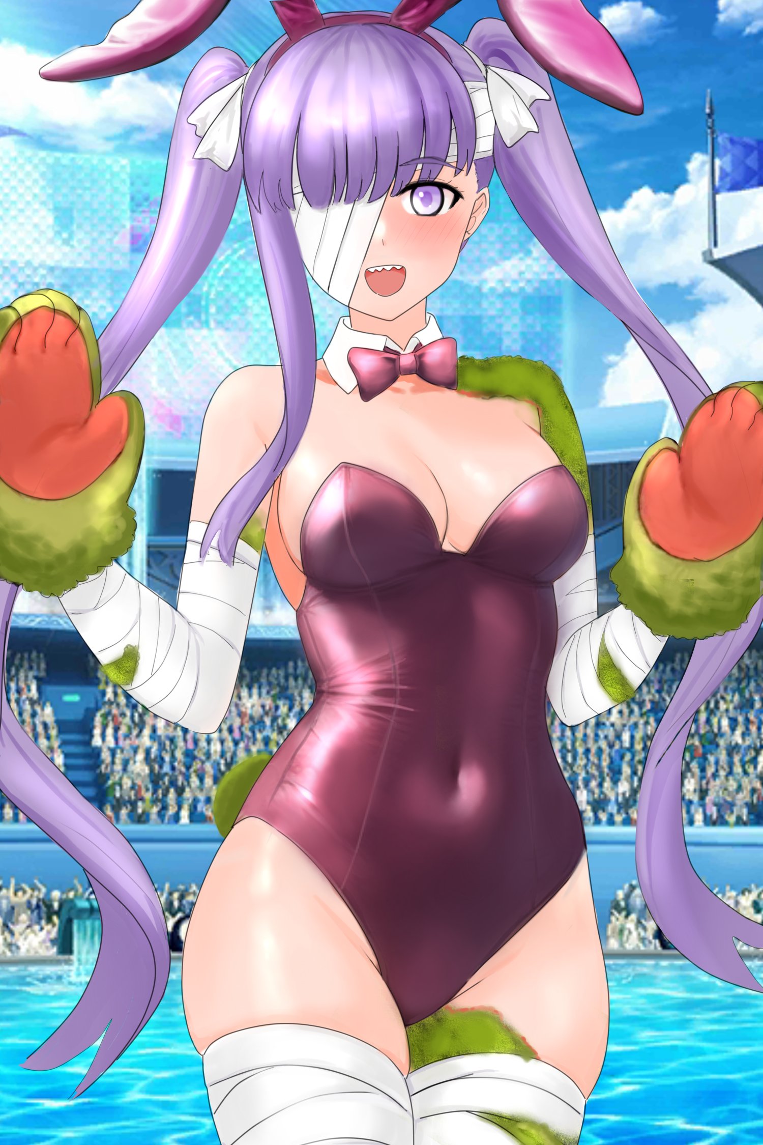 raskasar, kingprotea (fate), fate/grand order, fate (series), commentary, highres, 1girl, alternate breast size (larger), animal ear hairband, animal ears, audience, bandaged arm, bandaged head, bandaged leg, bandages, blue sky, bow, bowtie, breasts, bunny day, cleavage, cloud, covered navel, cowboy shot, detached collar, fake animal ears, fake tail, green mittens, hairband, large breasts, leotard, long hair, mittens, moss, one eye covered, open mouth, playboy bunny, pool, purple bow, purple bowtie, purple eyes, purple hair, purple leotard, rabbit ear hairband, rabbit ears, rabbit tail, sharp teeth, single sidelock, sky, smile, solo focus, strapless, strapless leotard, tail, teeth, traditional bowtie, twintails, very long hair