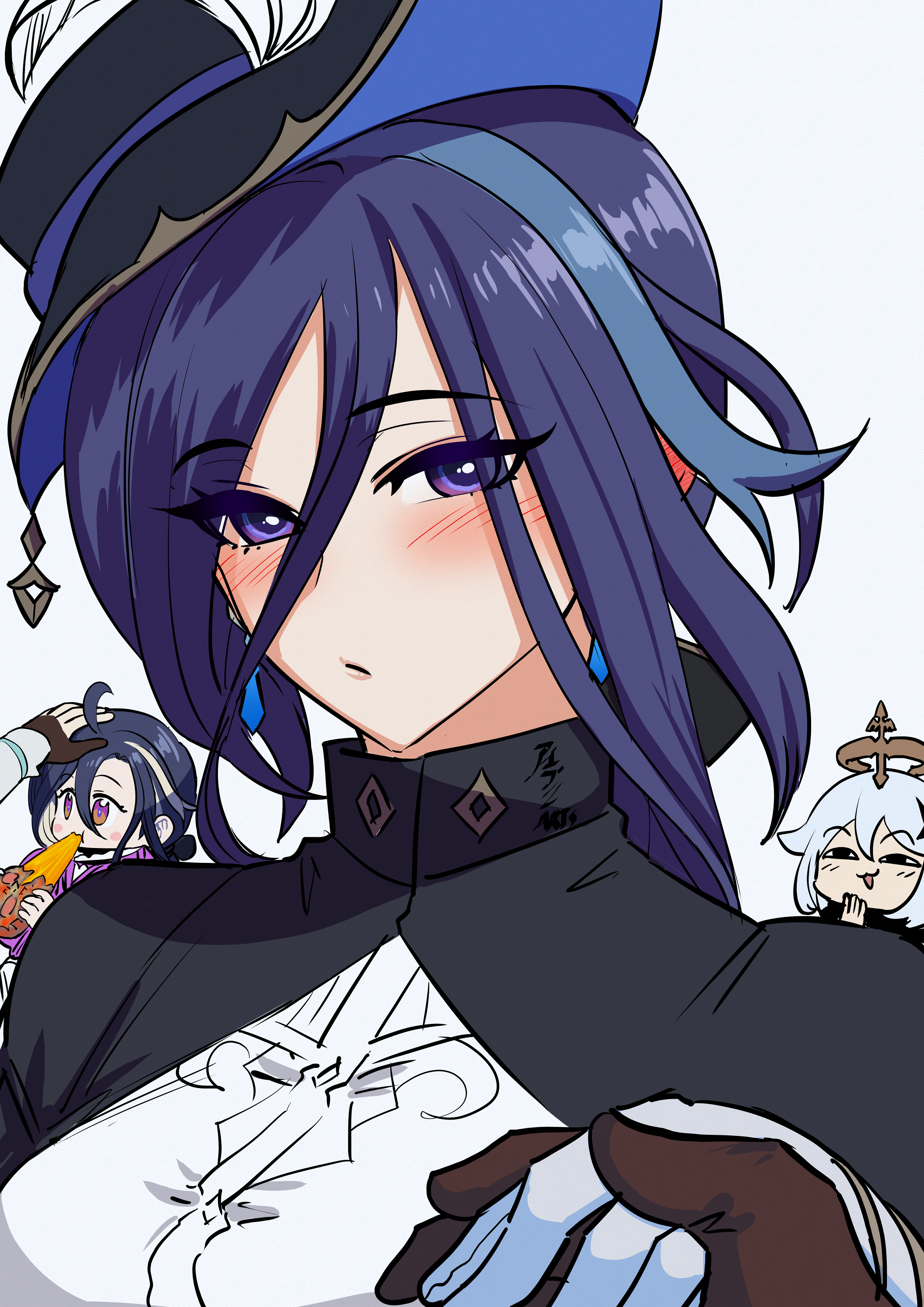 aepuru arts, aether (genshin impact), clorinde (genshin impact), lumine (genshin impact), paimon (genshin impact), genshin impact, absurdres, highres, 1boy, 4girls, black hat, black shirt, dual persona, grey background, hat, hat feather, holding hands, looking at viewer, multiple girls, pov, purple eyes, purple hair, shirt, short hair, simple background, two-tone shirt, white shirt