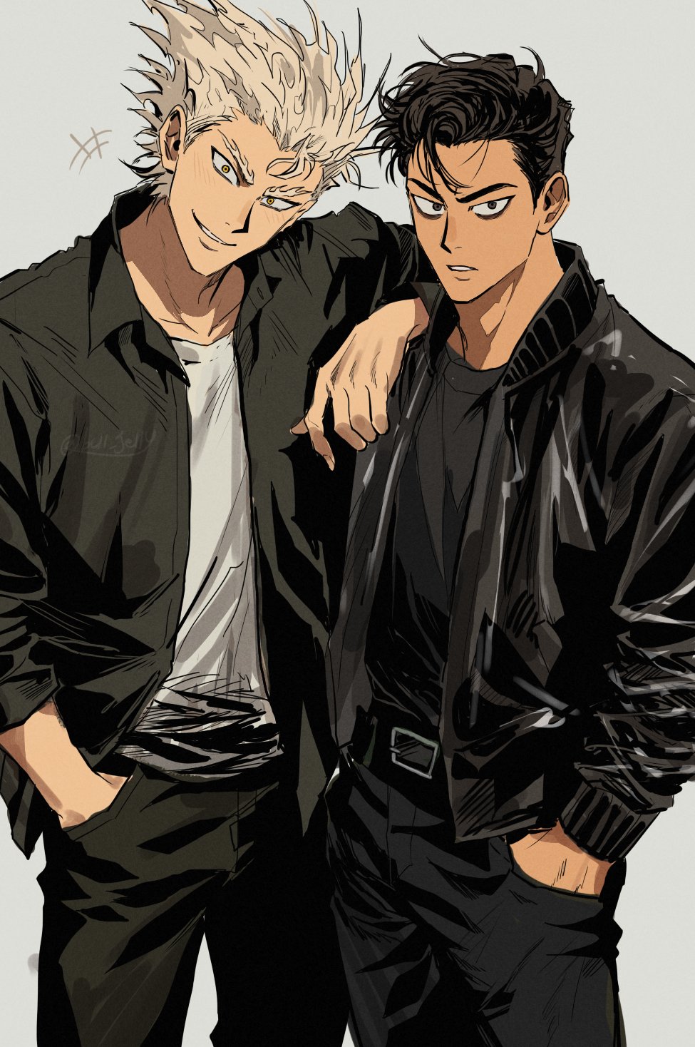 bul jelly, garou (one-punch man), kinzoku bat, one-punch man, highres, +++, 2boys, arm on another's shoulder, belt, belt buckle, black hair, black pants, black shirt, buckle, collarbone, collared shirt, crew neck, feet out of frame, forked eyebrows, grey background, grin, hand in pocket, looking at viewer, male focus, medium hair, multiple boys, open clothes, open shirt, pants, parted lips, shirt, shirt tucked in, short sideburns, simple background, smile, standing, teeth, white hair, white shirt, wing collar