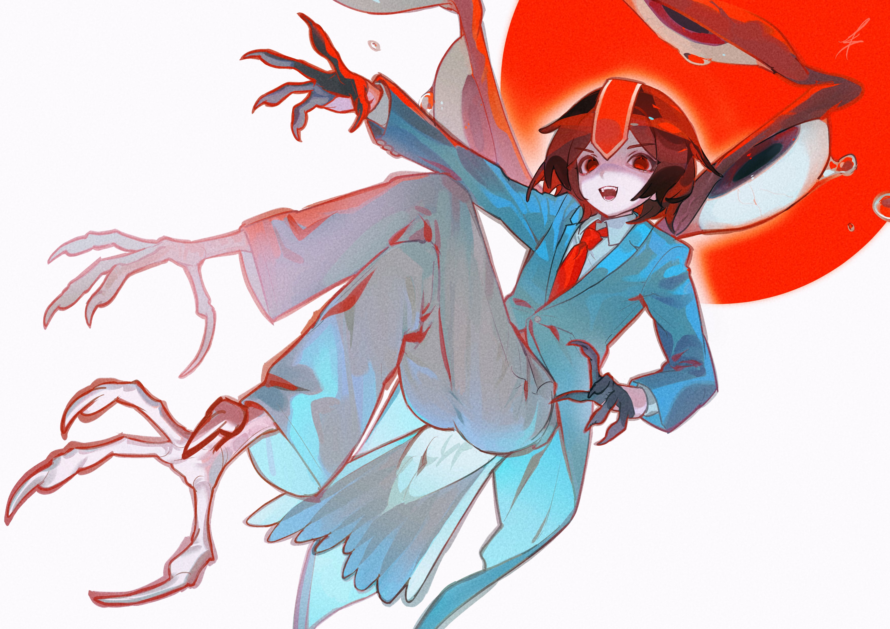 favnvs (s910a ib6), kokutenshi hibaru, len'en, absurdres, highres, 1other, androgynous, animal feet, barefoot, bird tail, black gloves, blue coat, blue tail, brown hair, business suit, buttons, claws, coat, collared coat, collared shirt, crossed legs, dress pants, eye of senri, eyelashes, eyes on wings, fang, flying, formal clothes, full body, gloves, grey pants, half gloves, happy, headgear, lapels, layered sleeves, long sleeves, medium hair, notched lapels, open mouth, other focus, outline, outstretched arm, outstretched arms, pants, red eyes, shirt, signature, smile, solo, suit, sun, tail, talons, teardrop, teeth, upper teeth only, white background, white outline, white shirt, wings