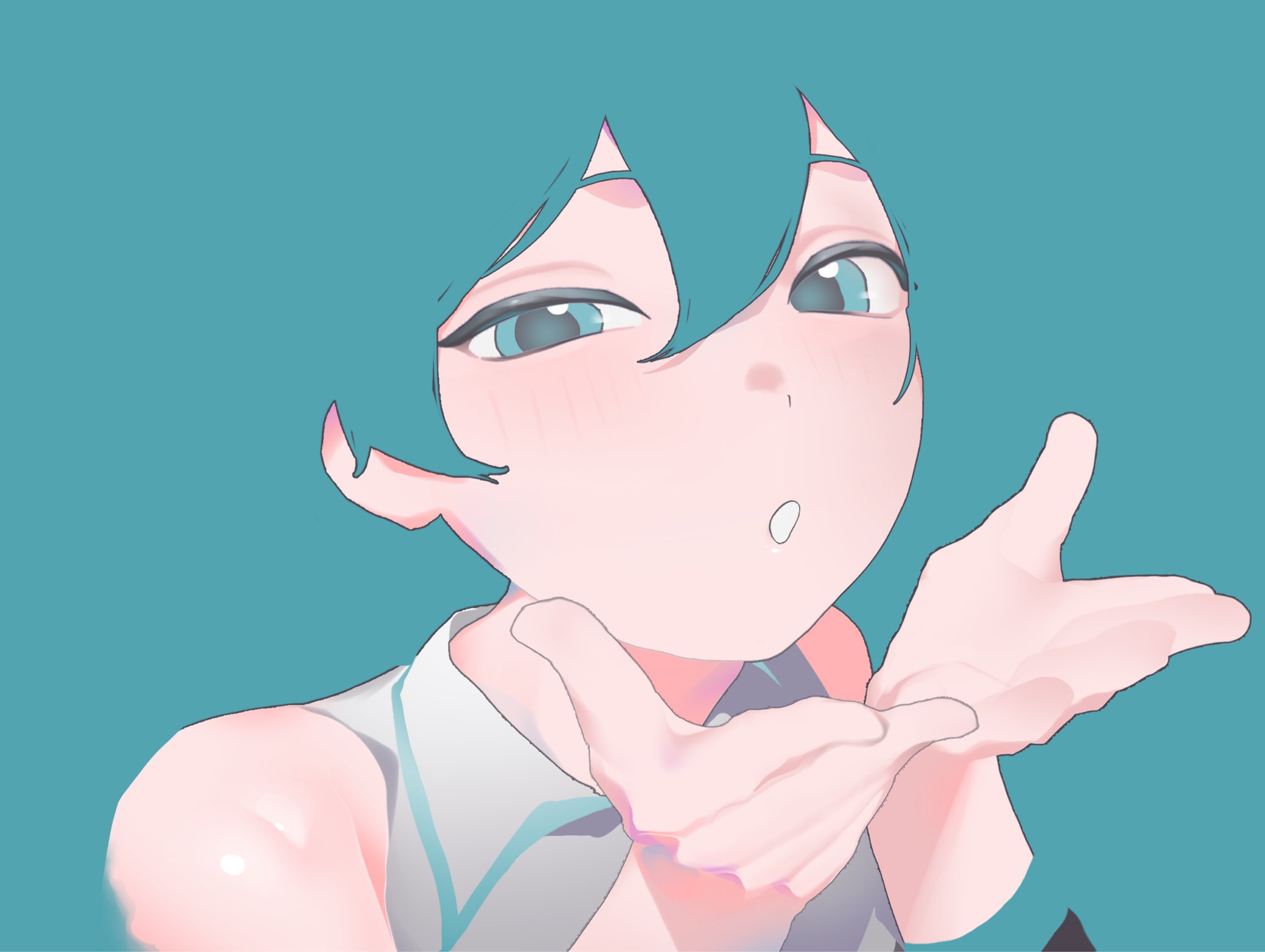 unyoon 8986, hatsune miku, vocaloid, commentary, highres, 1girl, aqua background, aqua eyes, aqua hair, aqua theme, blending, blowing kiss, grey shirt, half-closed eyes, hands up, long sleeves, looking at viewer, parted lips, shirt, sleeveless, sleeveless shirt, solo, upper body, wing collar