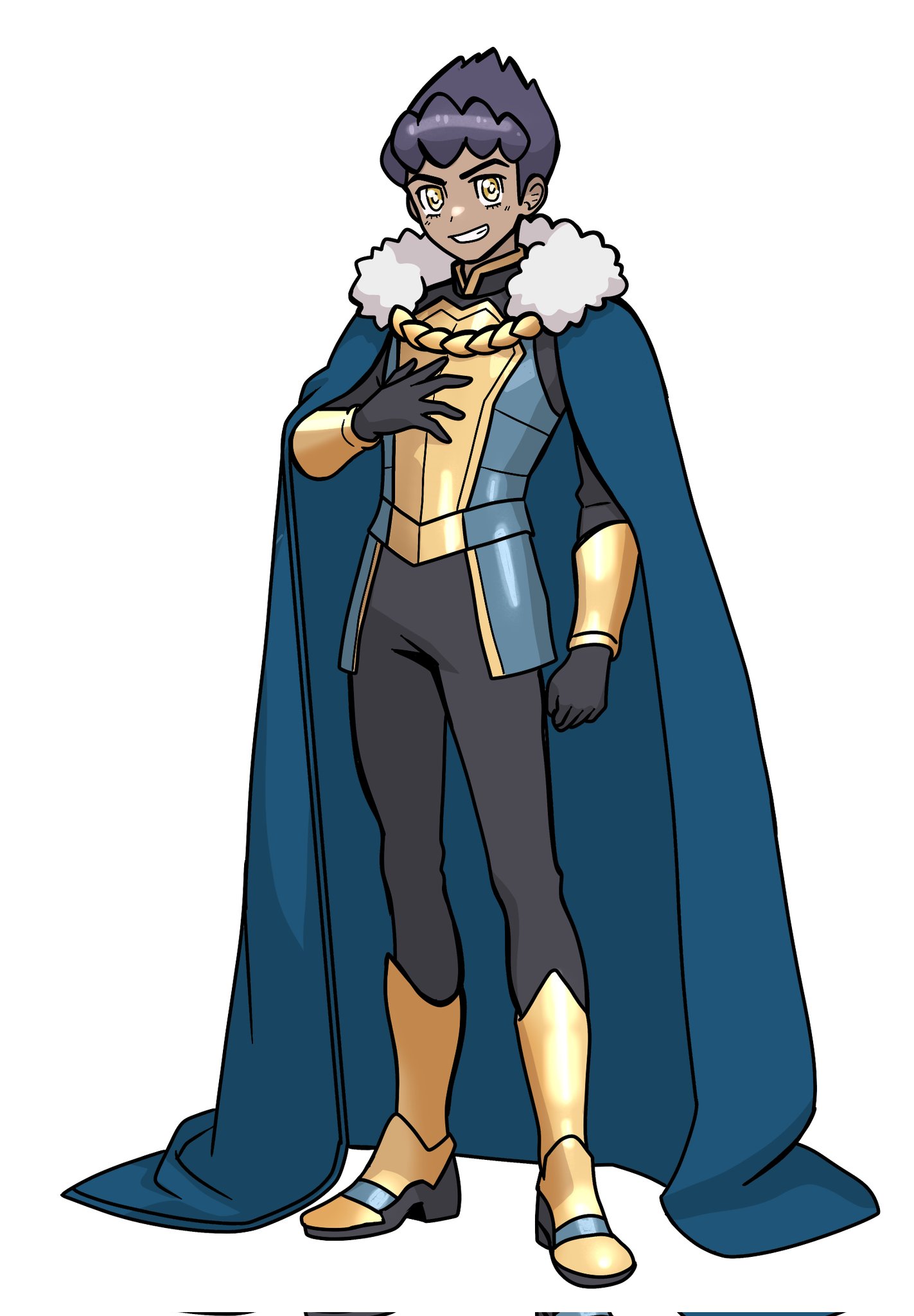 muis0802, hop (pokemon), nintendo, pokemon, pokemon swsh, commentary, english commentary, highres, 1boy, aged up, armor, black gloves, black pants, black shirt, blue cape, boots, breastplate, cape, full body, fur-trimmed cape, fur trim, gloves, grin, hand on own chest, happy, male focus, pants, purple hair, shirt, short hair, simple background, smile, solo, spread fingers, standing, teeth, white background, yellow boots, yellow eyes