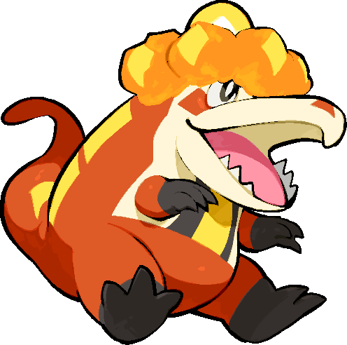 kawaanago, crocalor, nintendo, pokemon, commentary request, lowres, black eyes, bright pupils, full body, lower teeth only, no humans, open mouth, pokemon (creature), pokemon focus, sharp teeth, solo, teeth, transparent background, white pupils