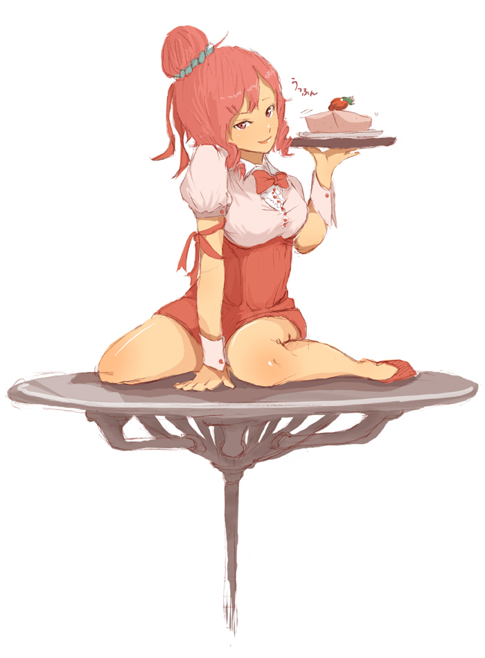 kumatora, yoshikoshi (mother 3), anna miller, mother (series), mother 3, nintendo, 1girl, aged up, alternate costume, cake, female focus, food, fruit, pink eyes, pink hair, ribbon, smile, solo, strawberry, tofu, tray, waitress