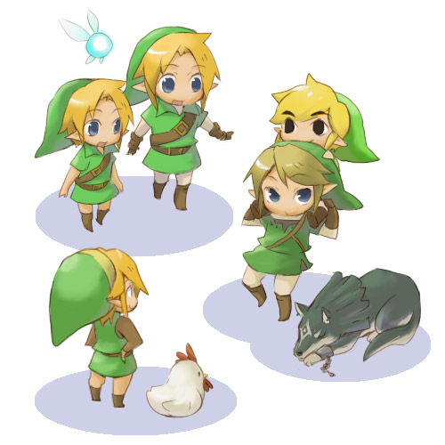 cucco, link, navi, toon link, wolf link, young link, nintendo, super smash bros., the legend of zelda, the legend of zelda: ocarina of time, the legend of zelda: the wind waker, the legend of zelda: twilight princess, the legend of zelda (nes), lowres, 5boys, bird, black eyes, blonde hair, blue eyes, chicken, dual persona, fairy, gloves, hat, male focus, multiple boys, multiple persona, pointy ears, smile, wolf