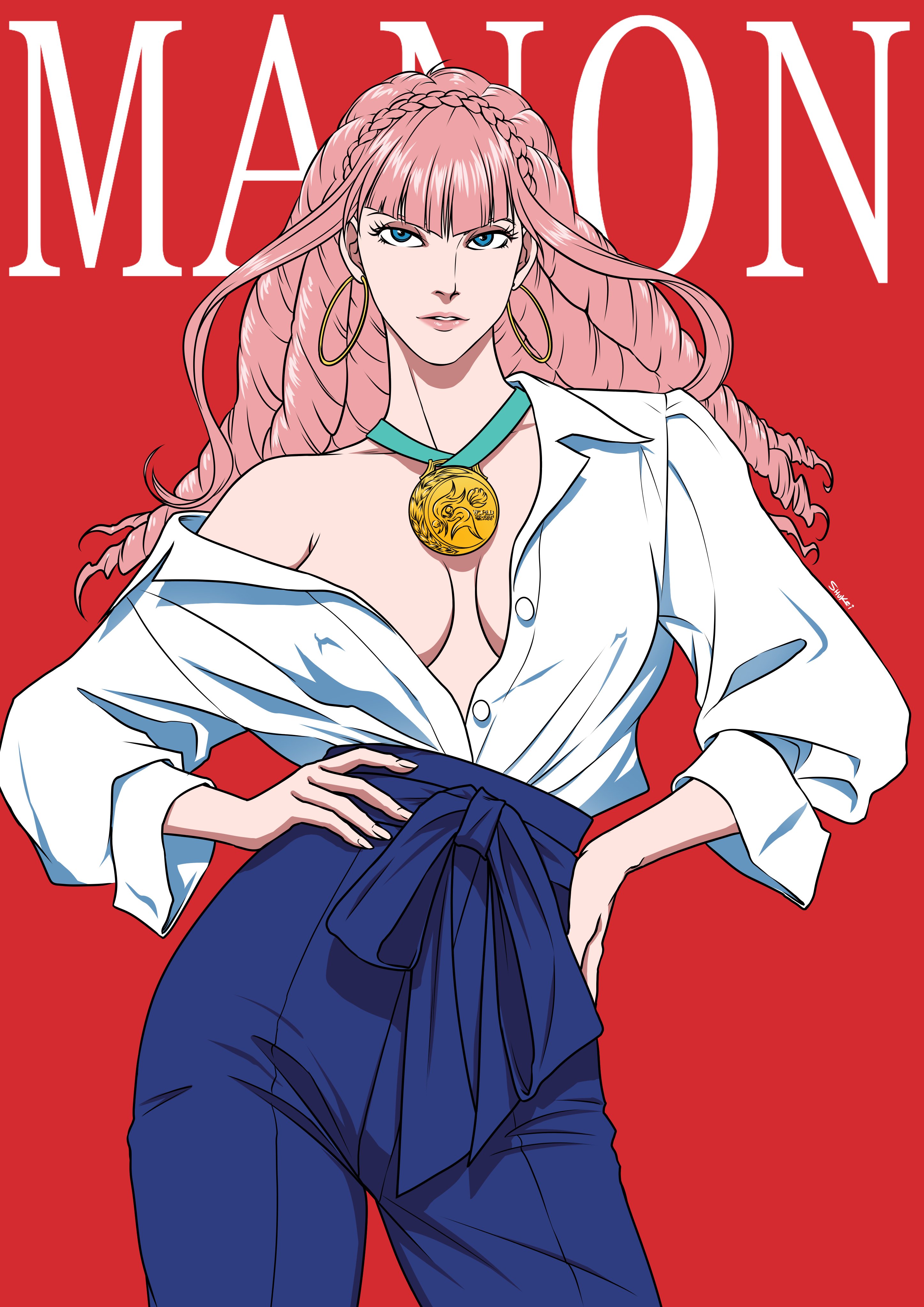 shukeiart, manon legrand, street fighter, street fighter 6, absurdres, highres, 1girl, blue eyes, blue pants, braid, breasts, contrapposto, crown braid, earrings, hands on own hips, hoop earrings, jewelry, long hair, medal, no bra, pants, pink hair, red background, shirt, shirt tucked in, sidelocks, solo, unbuttoned, unbuttoned shirt, white shirt