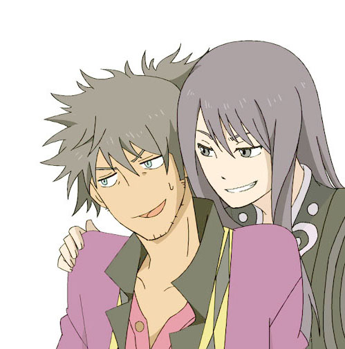 yamomo (micyoko), raven (tales), yuri lowell, tales of (series), tales of vesperia, bad id, bad pixiv id, 00s, 2boys, black eyes, black hair, blue eyes, long hair, male focus, multiple boys, ponytail, simple background, smile, upper body, white background