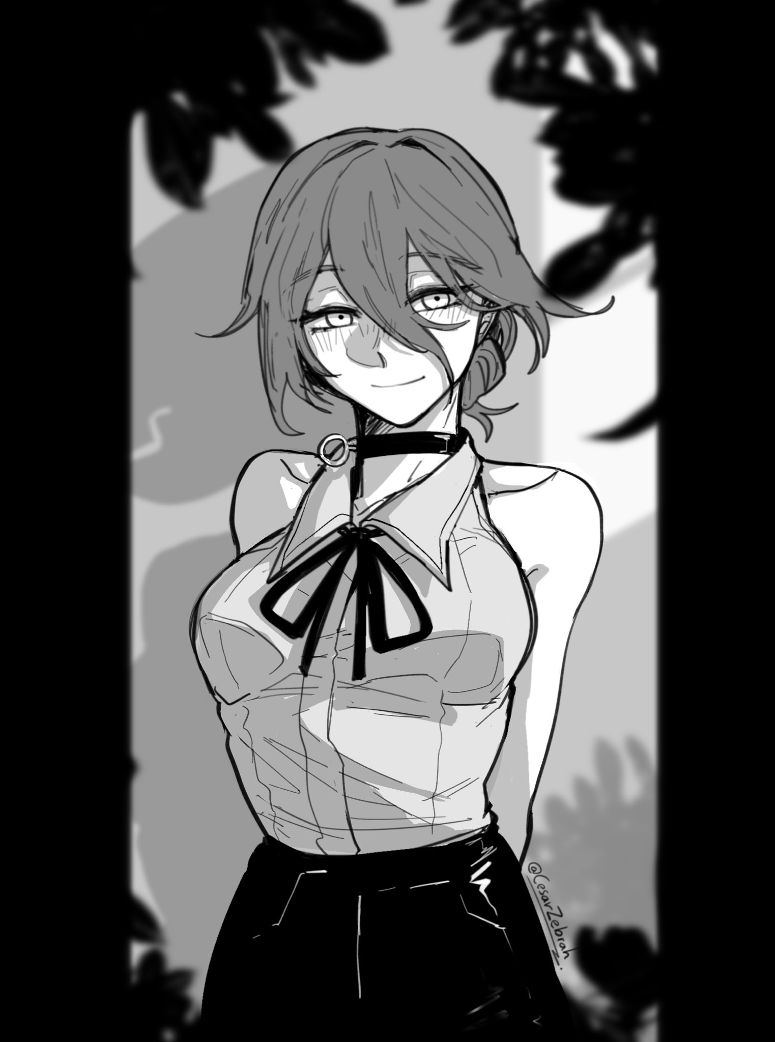 cesar zebrah, bomb devil (chainsaw man), reze (chainsaw man), chainsaw man, highres, 1girl, arms behind back, artist name, bare shoulders, blurry, blurry background, blush, border, breasts, choker, closed mouth, collarbone, collared shirt, cowboy shot, different shadow, floating hair, greyscale, hair between eyes, hair bun, long hair between eyes, medium breasts, monochrome, neck ribbon, ribbon, shadow, shirt, short hair, shorts, sleeveless, sleeveless shirt, smile, solo, standing