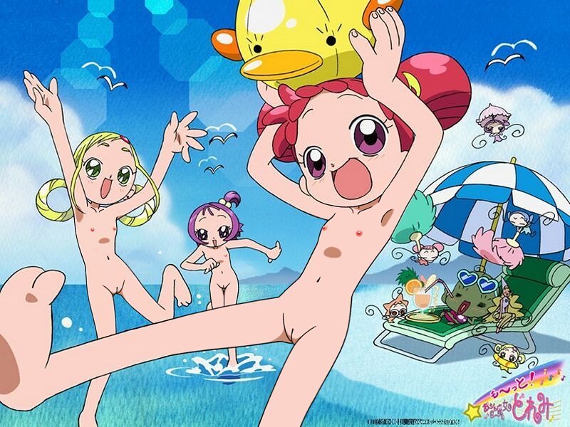 asuka momoko, harukaze doremi, segawa onpu, ojamajo doremi, nude filter, photoshop, third-party edit, beach, bird, flat chest, loli, nipples, nude, nudist, pussy, red hair, seagull, uncensored, water