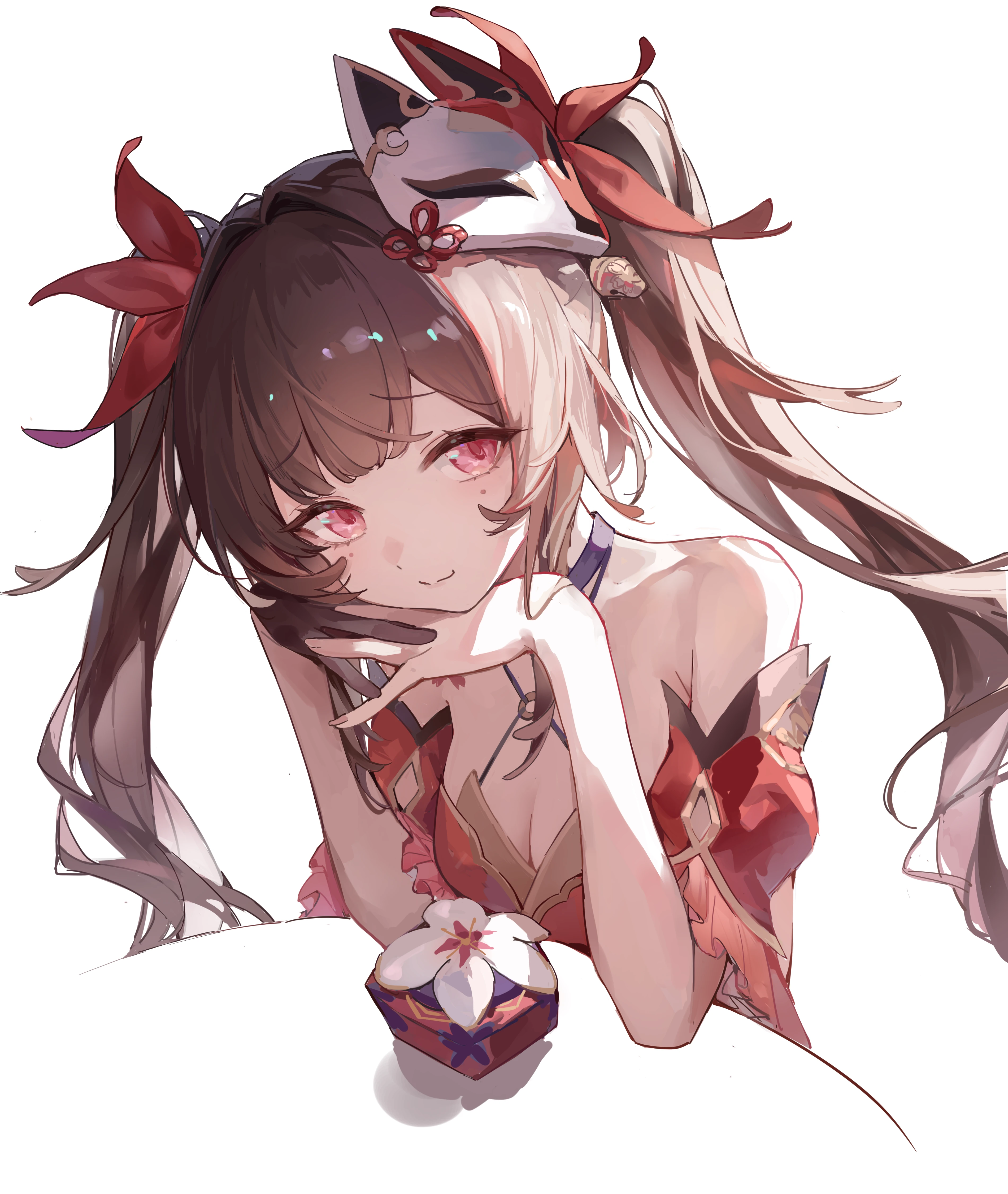 again (depr4447), sparkle (honkai: star rail), honkai: star rail, honkai (series), absurdres, derivative work, highres, 1girl, bare shoulders, black gloves, breasts, brown hair, cleavage, dress, fox mask, gloves, long hair, mask, mask on head, purple eyes, red dress, red ribbon, ribbon, simple background, single glove, small breasts, solo, table, twintails, very long hair, white background