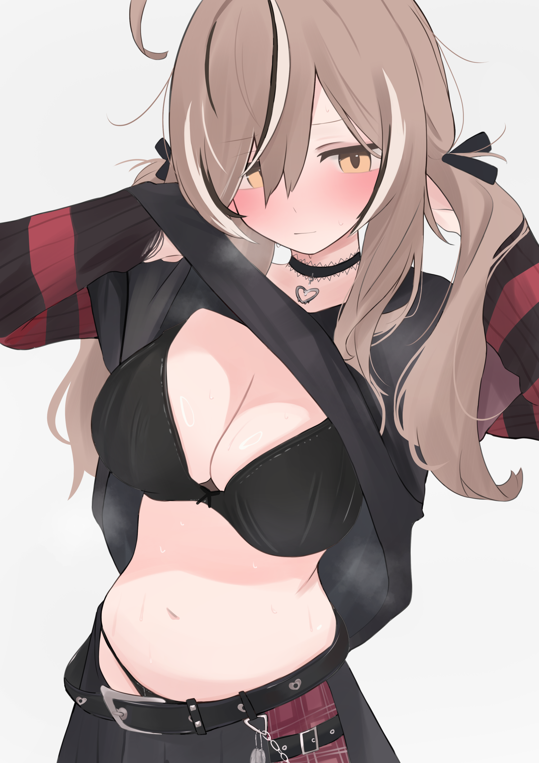 oyashiro ooo, nanashi mumei, nanashi mumei (emo), hololive, hololive english, absurdres, commentary, highres, 1girl, ahoge, belt, black bra, black choker, black panties, black shirt, black sweater, bow, bow bra, bra, breasts, brown eyes, brown hair, choker, cleavage, clothes lift, dot nose, emo fashion, large breasts, lifting own clothes, long hair, looking at viewer, multicolored hair, navel, official alternate costume, panties, panty peek, red sweater, shirt, shirt lift, simple background, skirt, solo, stomach, streaked hair, striped clothes, striped sweater, sweater, thong, underwear, virtual youtuber, white background