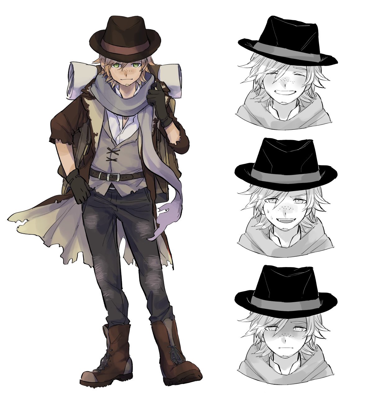 original, commentary request, highres, 1boy, ano amesuke, backpack, bag, black gloves, black pants, blonde hair, boots, brown boots, brown coat, brown hat, closed eyes, coat, facial hair, freckles, gloves, goatee, green eyes, grey scarf, grin, hand on own hip, hat, male focus, multiple expressions, open mouth, pants, partially colored, scarf, shaded face, sleeping bag, smile, solo, sweat, trilby