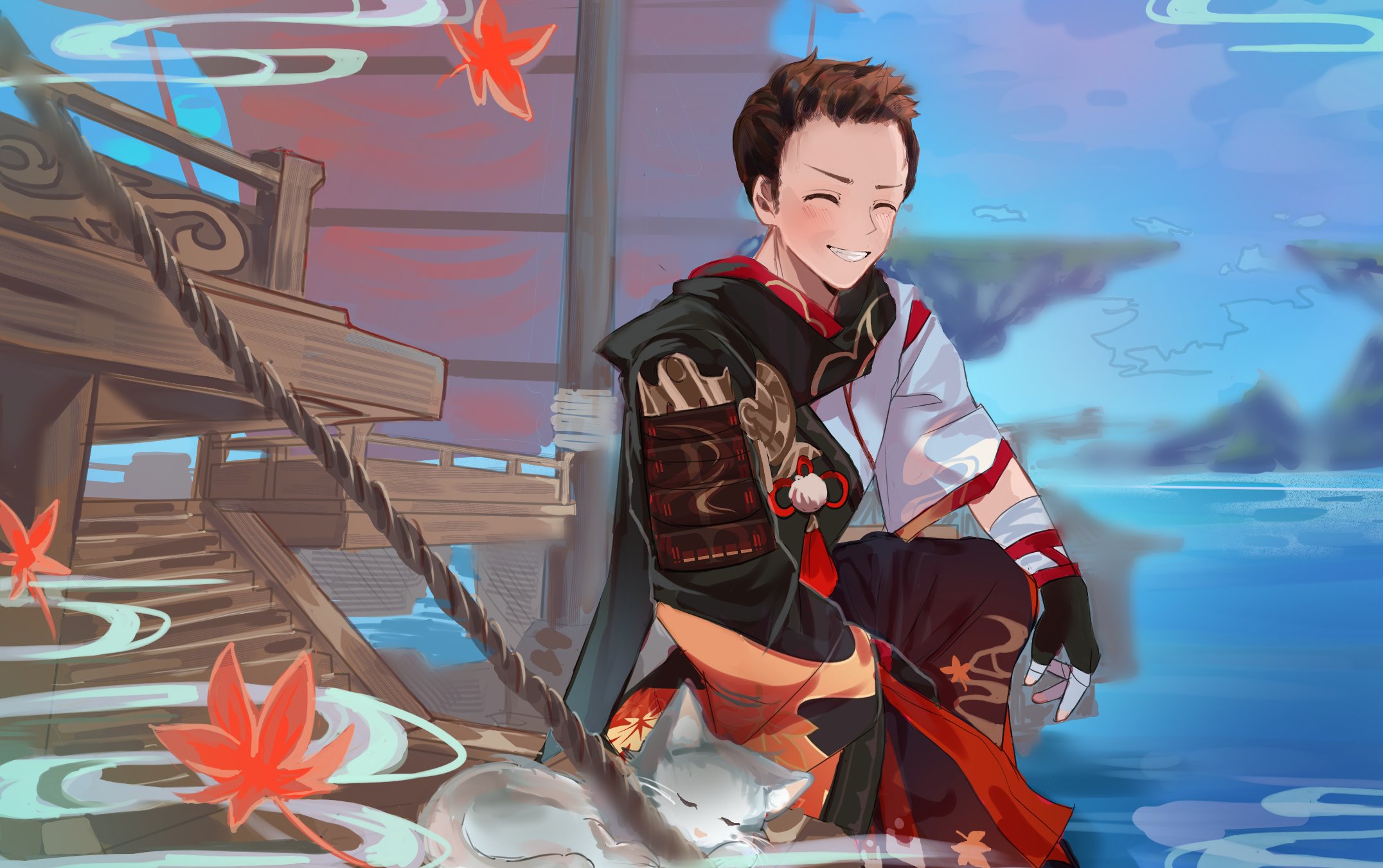 kanako (fuwachu), kaedehara kazuha, genshin impact, real life, commentary, english commentary, highres, 1boy, animification, armor, bandaged hand, bandages, black gloves, black scarf, blue sky, brown hair, cat, closed eyes, cosplay, falling leaves, floating island, gloves, grin, hakama, hakama shorts, japanese armor, japanese clothes, kaedehara kazuha (cosplay), leaf, leaf print, male focus, maple leaf, maple leaf print, mark whitten, mast, mountainous horizon, on one knee, open mouth, partially fingerless gloves, rope, sail, sailing ship, scarf, ship, short hair, shorts, sideburns, sky, sleeping, smile, solo, stairs, tassel, teeth, voice actor, voice actor connection, water, watercraft, white cat, wide sleeves
