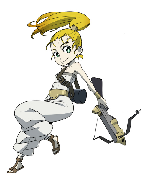 boystalk (101197), yubidoriru, marle (chrono trigger), chrono (series), chrono trigger, 1990s (style), 1girl, bare shoulders, blonde hair, bow (weapon), crossbow, earrings, female focus, full body, green eyes, jewelry, ponytail, retro artstyle, sandals, smile, solo, weapon