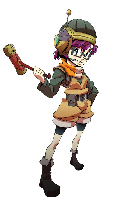 boystalk (101197), yubidoriru, lucca ashtear, chrono (series), chrono trigger, 1990s (style), 1girl, antennae, belt, blue eyes, boots, female focus, full body, glasses, hammer, helmet, purple hair, retro artstyle, scarf, shorts, smile, solo