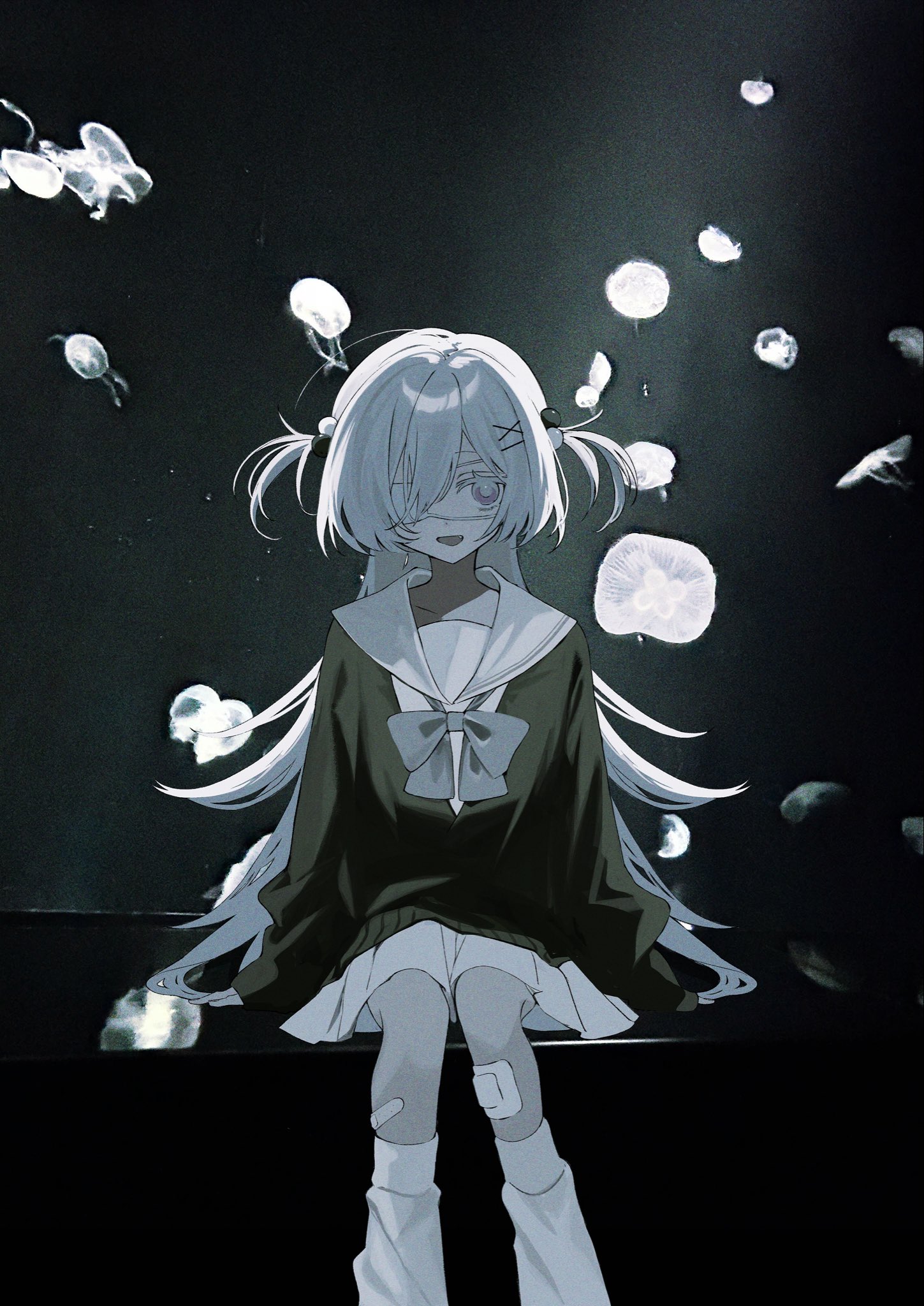 si (wooupp), original, highres, 1girl, aquarium, bandaid, bandaid on leg, bow, dark background, eyepatch, feet out of frame, hair bobbles, hair ornament, hairclip, jellyfish, kneehighs, long hair, long sleeves, loose socks, medical eyepatch, multicolored hair bobbles, muted color, one eye covered, open mouth, photo background, sailor collar, school uniform, serafuku, shirt, sitting, skirt, sleeves past wrists, smile, socks, solo, sweater, two side up, very long hair, white hair, white sailor collar, white skirt, white socks, x hair ornament