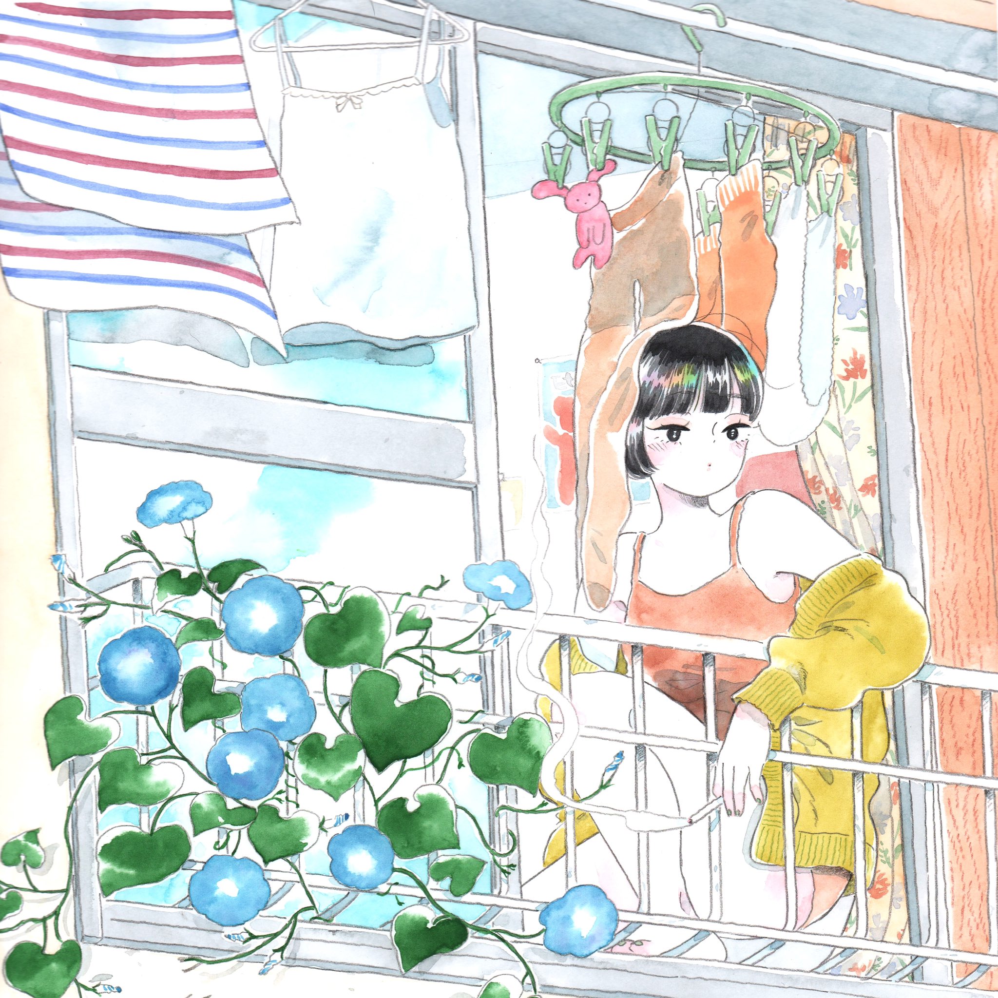 emamemamo33, original, highres, painting (medium), traditional media, 1girl, apartment, bare shoulders, black eyes, black hair, blue flower, blush, bob cut, cardigan, cardigan partially removed, cigarette, closed mouth, clothes pin, colored skin, dot mouth, floral print, flower, holding, holding cigarette, laundry, long sleeves, morning glory, orange tank top, outdoors, pantyhose, plant, shorts, sliding doors, socks, striped towel, tank top, vines, white skin, white tank top, window, yellow cardigan